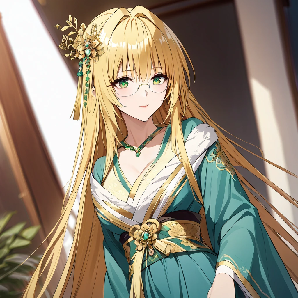 ((Highest quality)), ((masterpiece)), (detailed), （Perfect Face）、In a Chinese palace, a woman is wearing a Chinese Tiayū, a gorgeous and dazzling Hanfu with lots of gold embroidery, a gorgeous hair ornament, gorgeous jeweled accessories, and an engagement ring.、The woman is an elegant Chinese Tieryu with green eyes and medium-long blonde hair. She is wearing a Hanfu dress with gorgeous gold embroidery all over it.