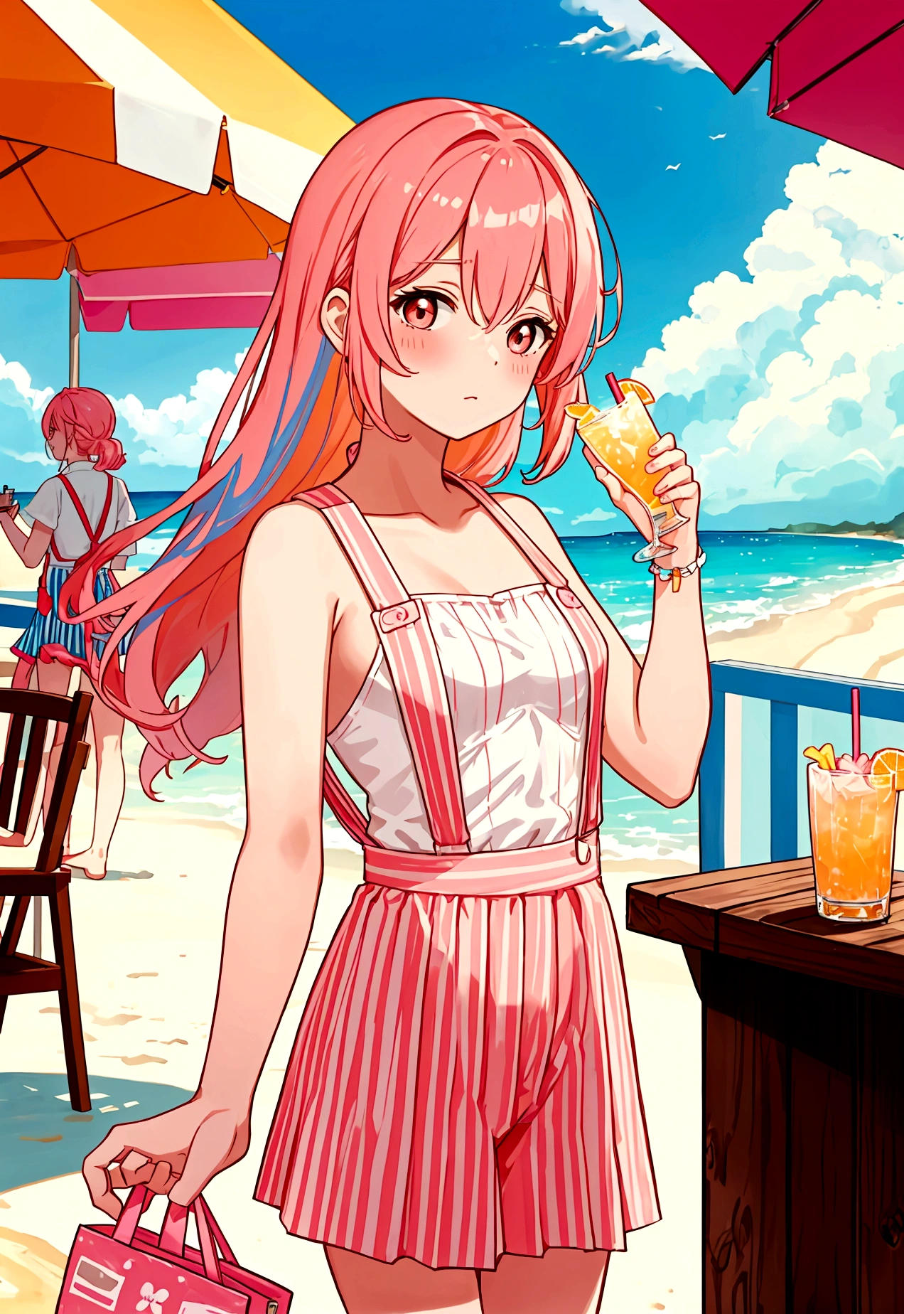 At the beachfront drink shop，Pink Hair Girl，Wearing an orange striped suspender skirt，Drinking summer drinks