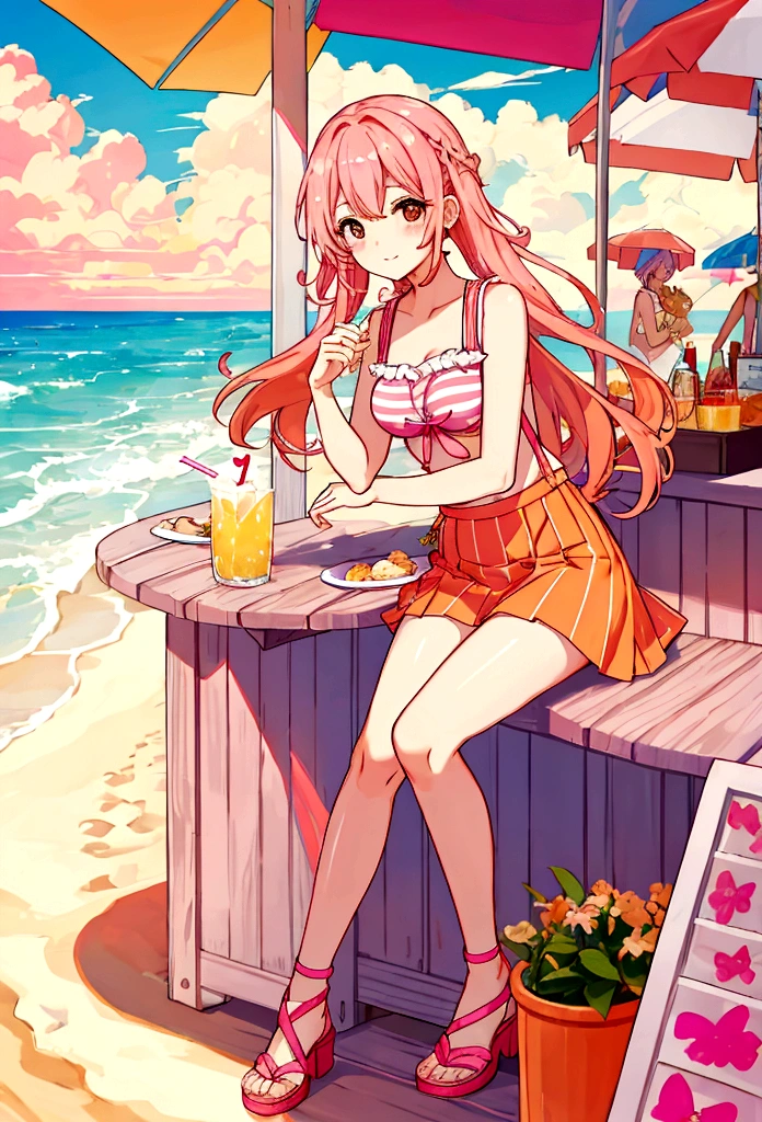 At the beachfront drink shop,Pink Hair Girl,Wearing an orange striped suspender skirt,Drinking summer drinks