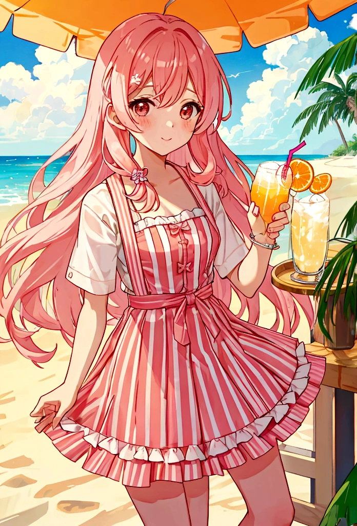 At the beachfront drink shop,Pink Hair Girl,Wearing an orange striped suspender skirt,Drinking summer drinks