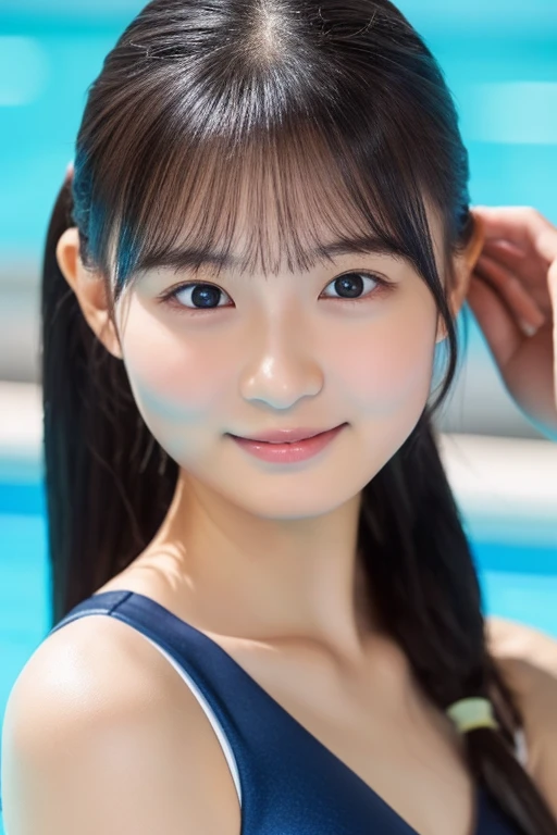 School swimming pool,Navy blue one-piece swimsuit for school,Face close-up,One Woman,Tabletop, Best image quality, high quality, The background is clear,Beautiful woman, Japanese, detailed, detailed eyes, detailed skin, Beautiful Skin, 超High resolution, (reality: 1.4),Very beautiful woman, A slightly younger face, Beautiful Skin, thin, (Ultra-photorealism), (High resolution), (8K), (非常にdetailed) (Beautiful and detailed eyes), (非常にdetailedな), (detailed face), Displaying the viewer, Fine details, detailed face, Staring straight ahead, Staring straight ahead, Photo Real, Bright lighting, Professional Lighting, Black Hair,ponytail,a ,15 years e: ponytail,Long ponytail hairstyle,smile,neatly organized clothes,Beautiful Japanese KPOP idol photo, hair style is ponytail, My eyes are double-sided and wide, Baby Face, Smile and ard, thin, Small breasts,Face close-up,
