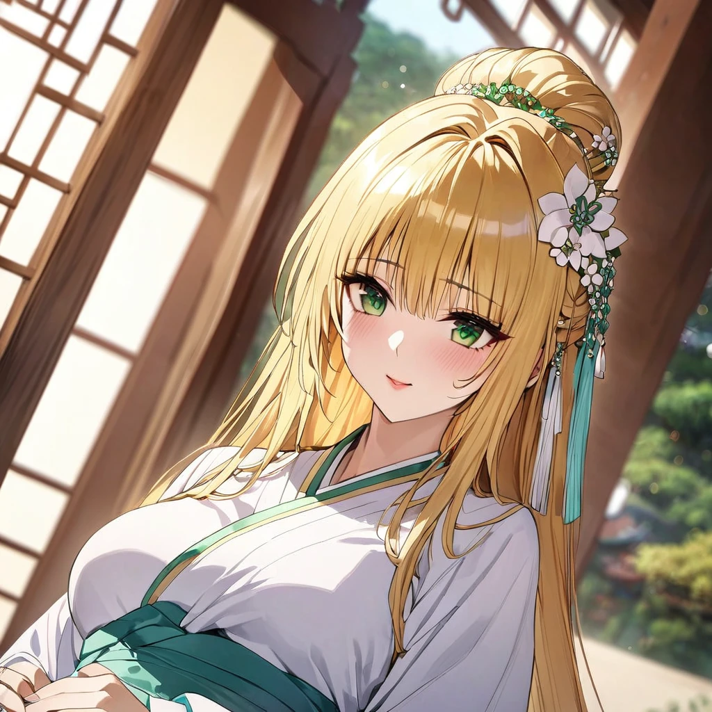 ((Highest quality)), ((masterpiece)), (detailed), （Perfect Face）、The woman in the Korean palace is a Korean Tiayoo, wearing a gorgeous and glittering hanbok (traditional Korean dress) in a Korean mansion, with a gorgeous hair ornament, gorgeous jeweled accessories, and an engagement ring.、The woman is an elegant tiare with green eyes and medium-long blonde hair. The woman is a Korean tiare wearing a hanbok.