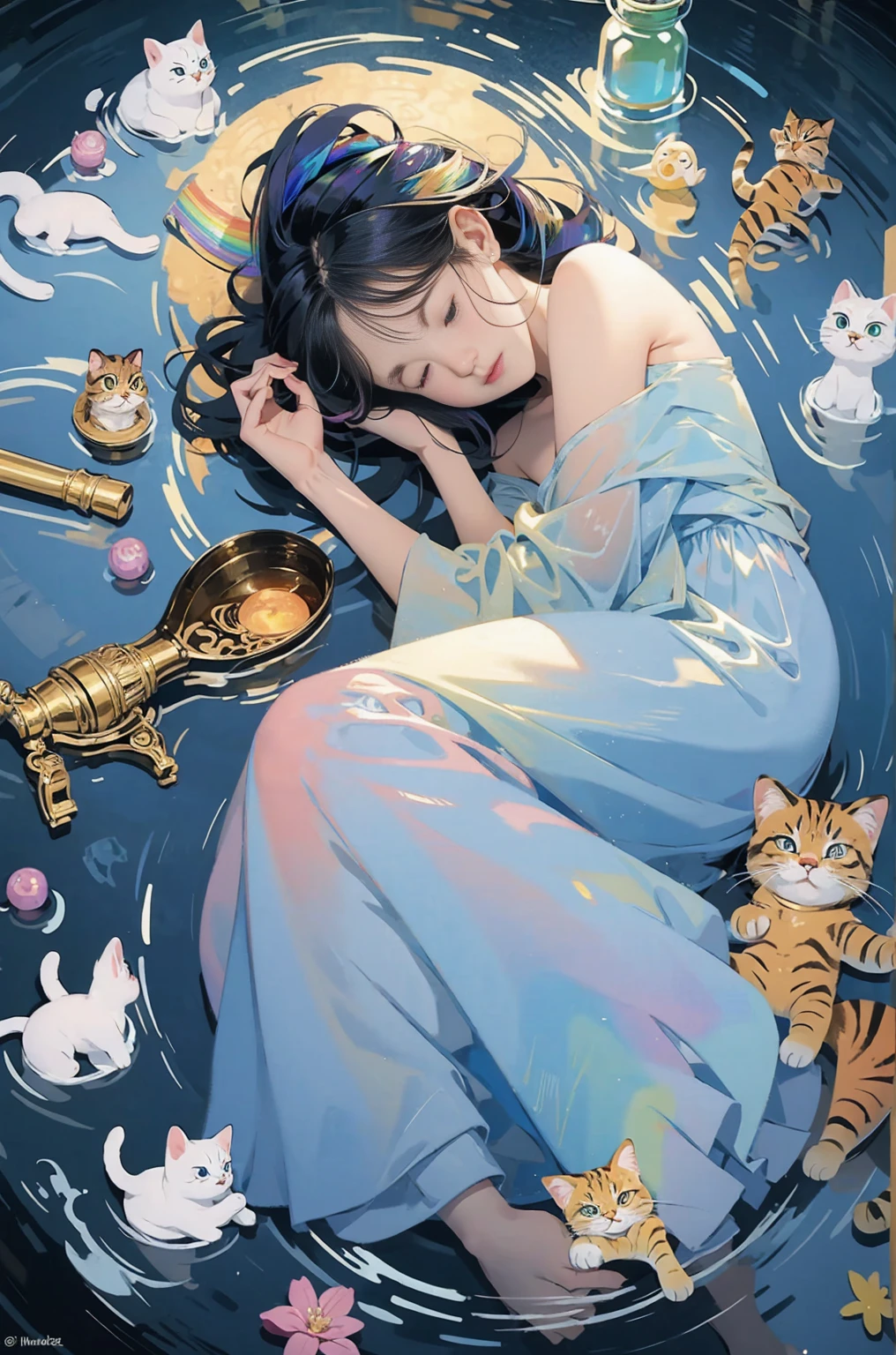 masterpiece, Highest quality, Intricate details, Excellent ???????、beautiful girl, Sparkling eyes, Otherworldly liquid fantasy background, watercolor, Bright and vibrant colors, Whimsical, colorful, ((Rainbow bubbles))、artwork:Katsuya Terada 、(Sleeping cat:1.2), watercolor画、Black Background、diego gisbert lawrence、Joe San Gonzalez Dan Mumford、Picture book illustrations、vague、superwide shot、Highest quality、Intensive、Golden ratio composition、
