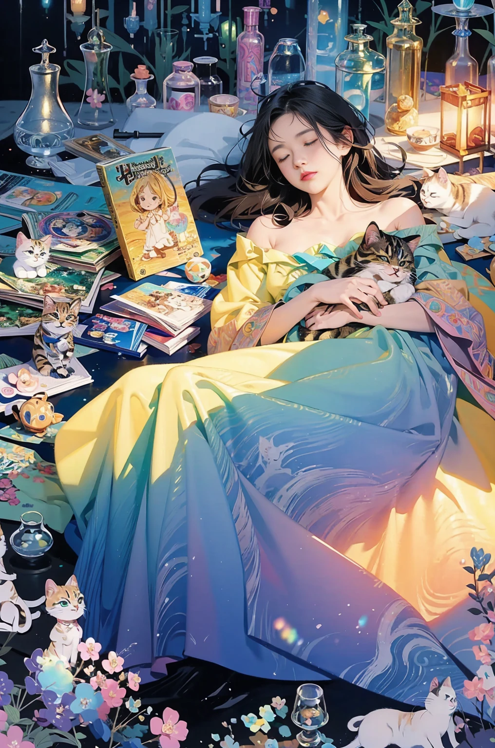 masterpiece, Highest quality, Intricate details, Excellent anatomy、beautiful girl, Sparkling eyes, Otherworldly liquid fantasy background, watercolor, Bright and vibrant colors, Whimsical, colorful, ((Rainbow bubbles))、artwork:Katsuya Terada 、(Sleeping cat:1.2), watercolor画、Black Background、diego gisbert lawrence、Joe San Gonzalez Dan Mumford、Picture book illustrations、vague、superwide shot、Highest quality、Intensive、Golden ratio composition、