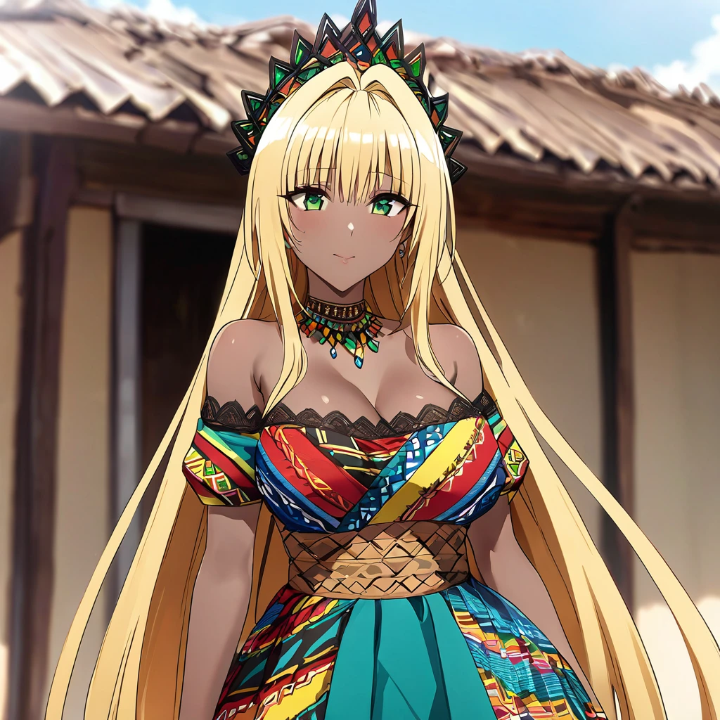 ((Highest quality)), ((masterpiece)), (detailed), (Perfect Face)、The woman is a black Ghanaian Tiayyu with vivid dark skin, wearing a gorgeous, colorful, glittering Ghanaian dress, a colorful head scarf, gorgeous jeweled accessories, and an engagement ring in a Ghanaian village.、The woman is an elegant Tiara with green eyes and blonde semi-long hair. She is wearing a colorful Ghanaian dress and a colorful head scarf. She has bright dark brown skin and is a black Ghanaian Tiara.、(The woman is a black Ghanaian with vivid dark brown skin.)