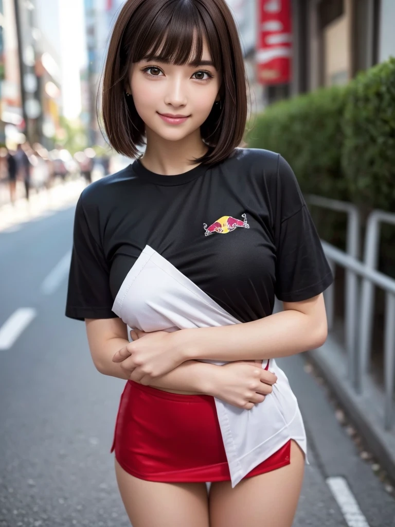 (8K, RAW Photos, Highest quality, masterpiece:1.2), (Realistic, photo-Realistic:1.4), (Highly detailed 8K wallpapers), ((Full Body Shot)), (1 girl), Sharp focus, Depth of written boundary, Cinematic lighting, Soft Light, 緻密な美しさのeye, eye_Chan, Very beautiful girl, innocent big eyes, Realistic, photo Realistic, Highly detailed cute girl, (Thin thighs), (Model Body Type), 18-year-old, ((Red Bull short sleeve t-shirt)), ((Black micro mini tight skirt)), (((Fold your arms in front of your chest and act arrogantly))), ((A happy smile)), Parted lips, Watching the audience, (On the streets of Tokyo) , (Brown Hair),(Short Bob Hair), (Asymmetrical bangs)