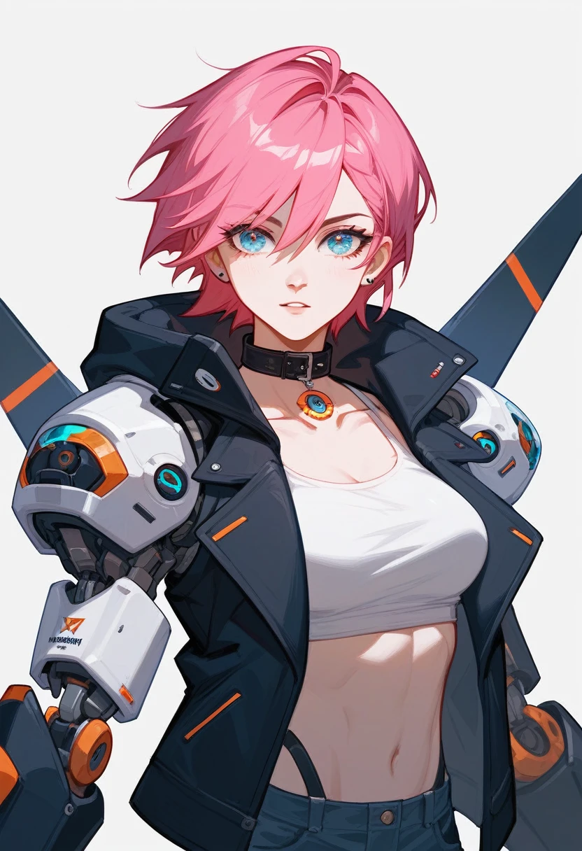 (Fraction_9,Fraction_8_Direction_7_up),1 Woman,Half Body，Pink Hair、short hair，Black coat、White top，Denim shorts，Mechanical arm，官方Role艺术,  Role,  mechanized valkyrie girl，Neck collar，high tech，