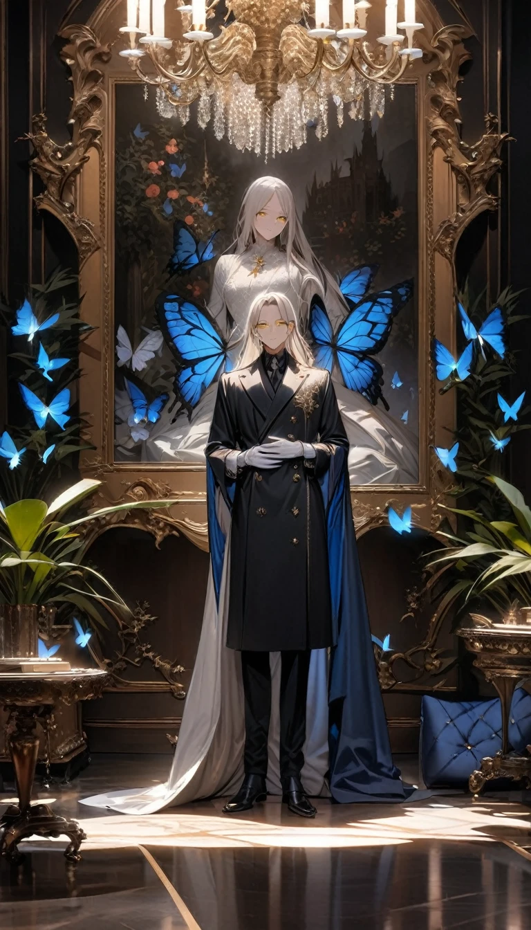 (masterpiece:1.5)，best quality，(1 Handsome man)，alone，white long length hair，(yellow eyes), (A soft smile)，elegant，perfect face，Long black trench coat，white and blue cloth，white leather gloves，white lining，Slightly muscular body，High，8K，Beautiful contrast of light and shadow，Dark luxury background，(complete upper body)，Positive face，luxury screen，Standing in front of the historical oil painting，(Luxurious castle hall)，Living room，book，plant，oil painting，((many butterflies))，Museum，many flowers，(cross jewelry)