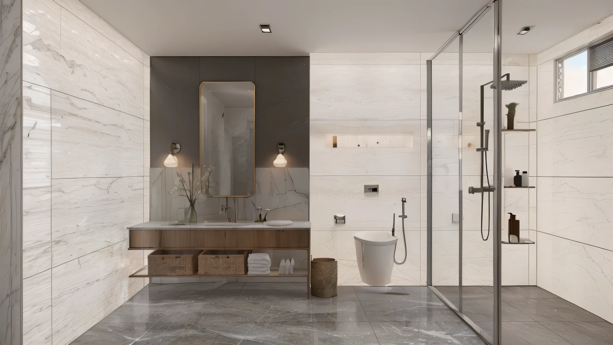 there is a bathroom with a walk in shower and a sink, marble walls, modern bathroom, translucent stone white skin, white marble walls, all marble, marble and wood and glass, natural realistic render, interior of a bathroom, high quality 3 d render, high quality 3d render, marble white complexion, realistic image, premium bathroom design, excellent 3d render