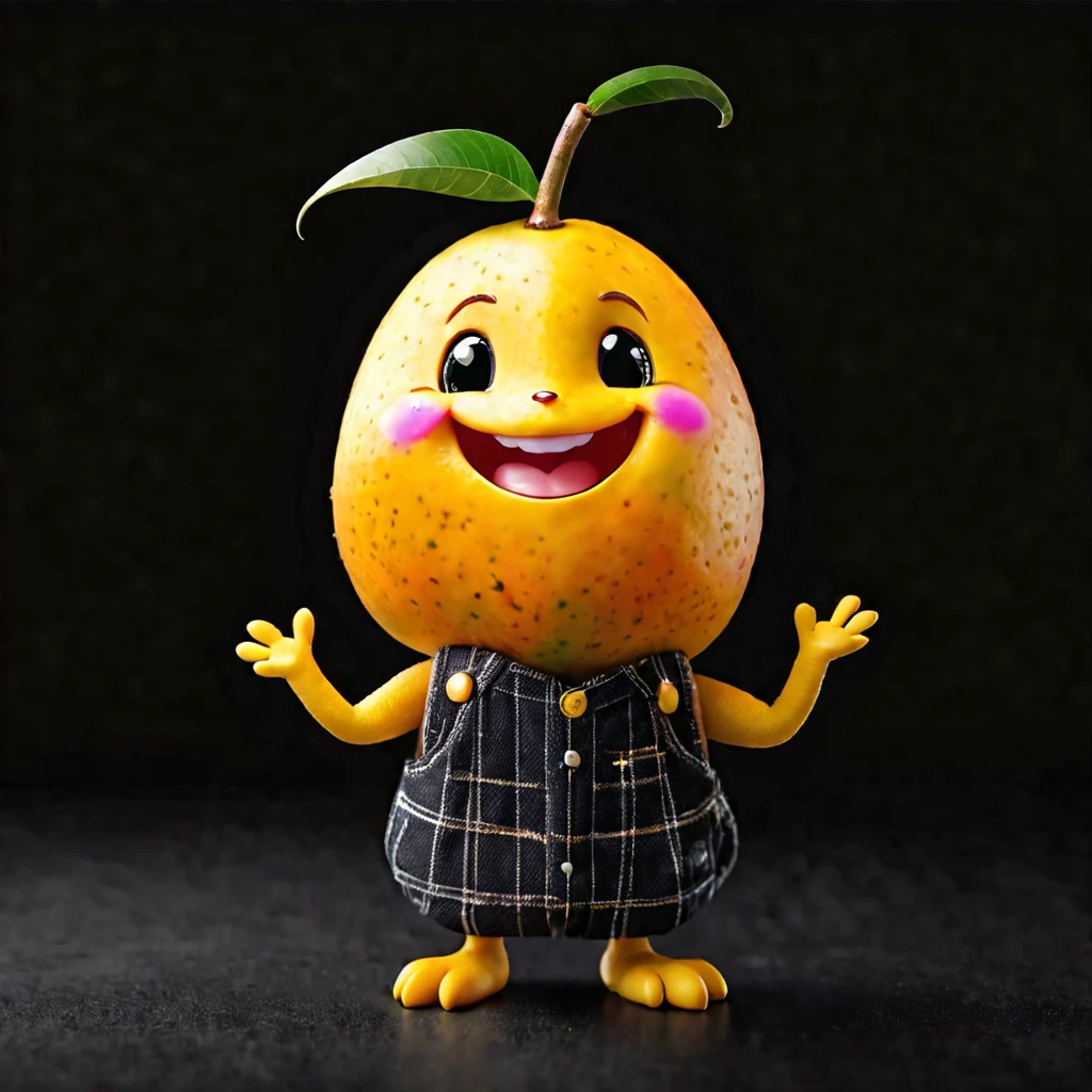 cute tiny creature made of mango , smiling , joyful gesture , wearing modern clothes , on black background