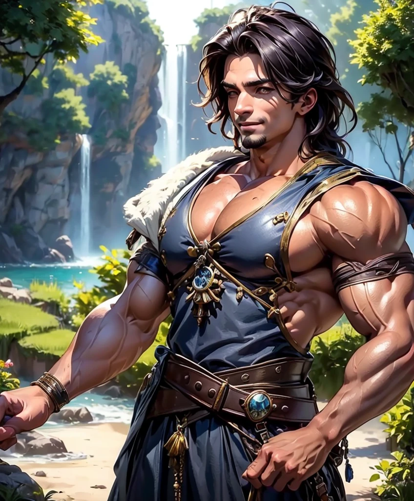 (((Single character image.))) (((1boy))) (((Dressed in medieval fantasy attire.))) (((Shoulder length hair))) This is a dashing male adventurer in a high fantasy setting. He is attractive to women and has all the attributes that make him a heartthrob. (1boy, one male) (male focus) ((front view)) (full body), (((muscular male, bodybuilder))), , thick epic, heroic, tanned, perfect face, (detailed facial features), cute smile, outdoor setting, highly detailed, volumetric light, artstation, strong erotic overtones, dressed in a puffy shirt and pirate vest
flirty, best quality:1.0,hyperealistic:1.0,photorealistic:1.0,madly detailed CG unity 8k wallpaper:1.0,masterpiece:1.3,madly detailed photo:1.2, hyper-realistic lifelike texture:1.4, picture-perfect:1.0,8k, HQ,best quality:1.0,