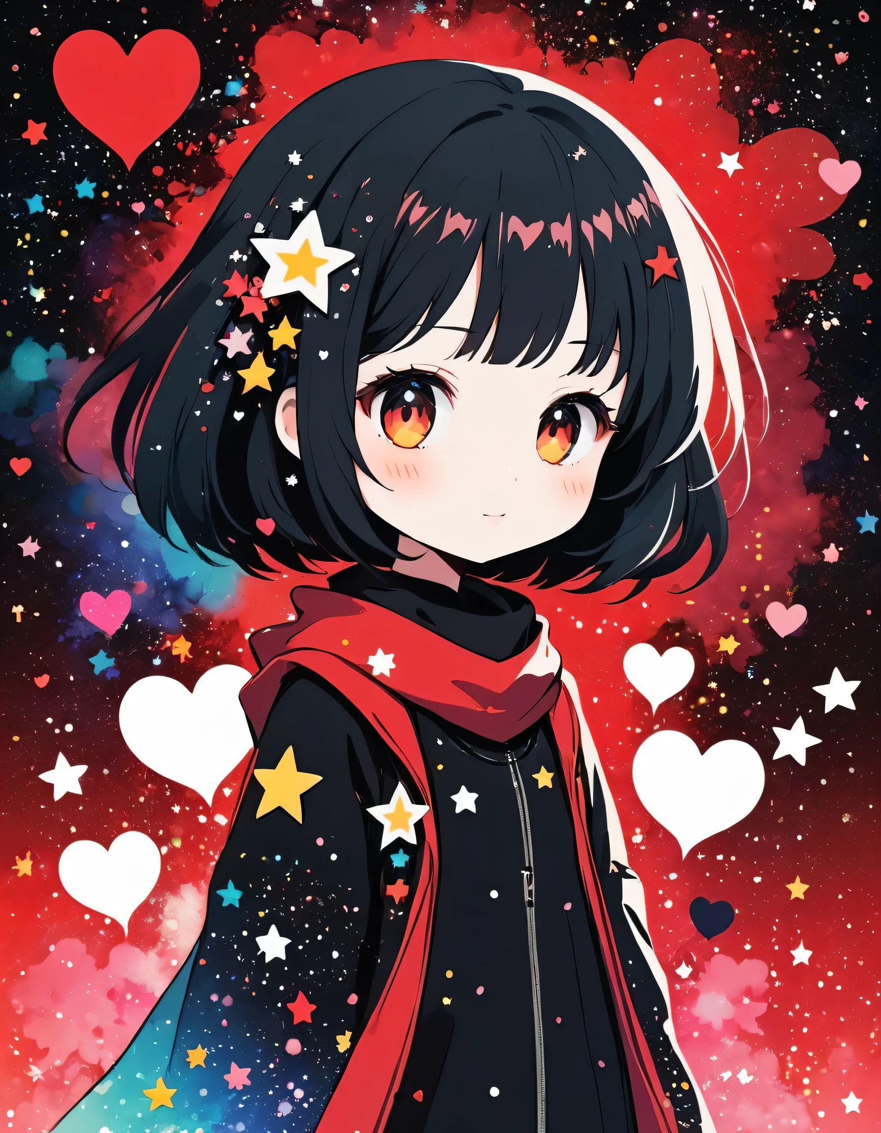 Black Star Red and White style, Simple Line Initialism,Abstract art,Kawaii Design, The most beautiful girl of all time、chibi, The background is star dust, colorful hearts, colorful flowers, Cute Aliens