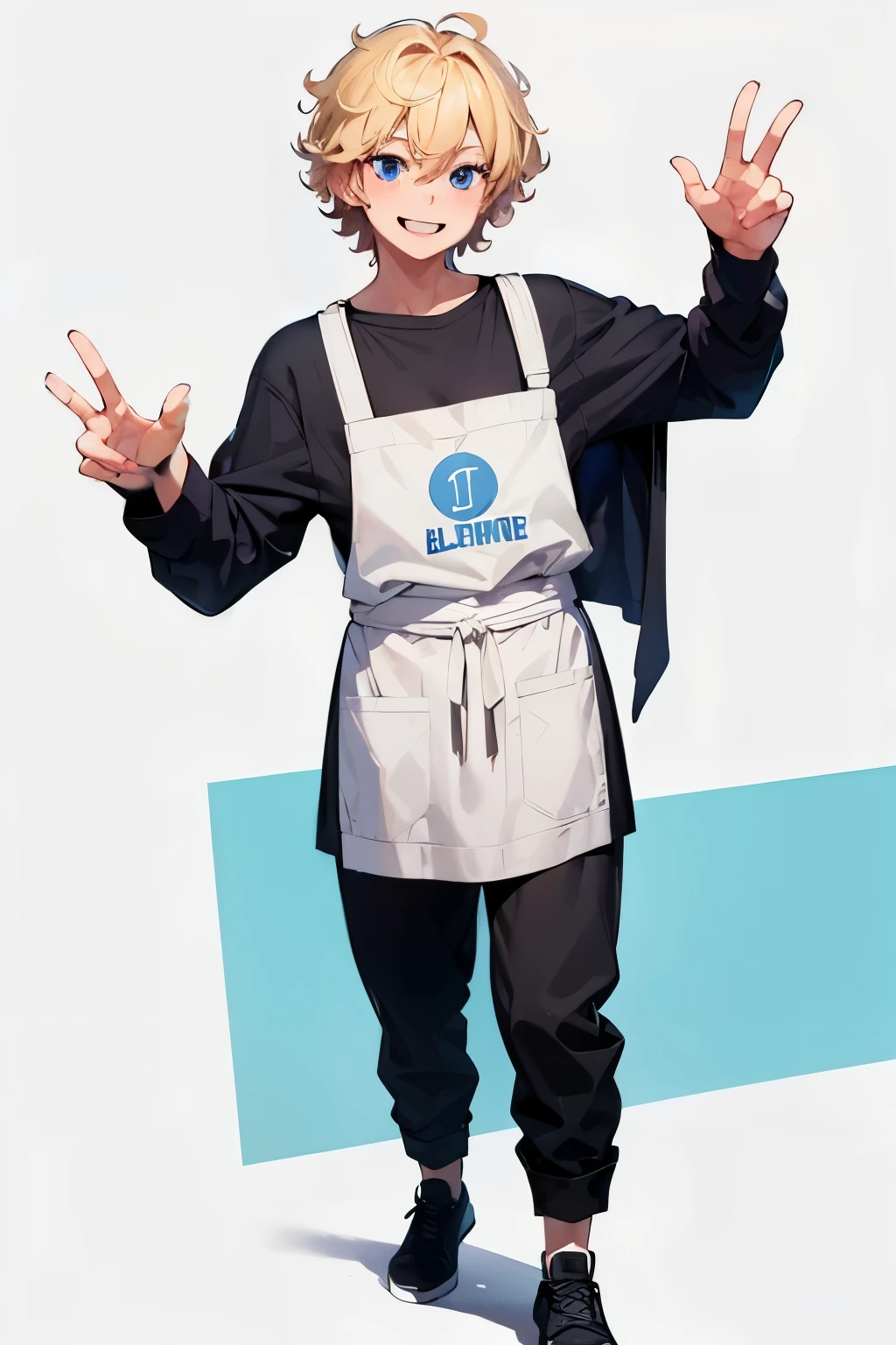 1 man, male, barista, blonde, short curly hair, big wide smile, big bright blue eyes, college student, excited gesture, waving his hands with 5 fingers, full body, standing upright, wearing an apron over black pants and a white sweatshirt, simple white_background