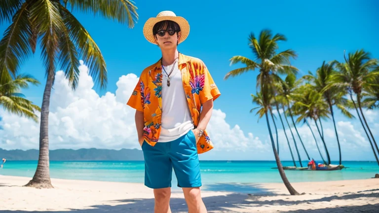 Anime-style male character on a vibrant beach background, reminiscent of a summer music video. He stands on golden sand with a clear blue ocean and sky behind him. The character wears an orange Hawaiian shirt with floral patterns, black knee-length shorts, and sandals. He has short brown hair, round glasses, and a straw boater hat. The character is posed casually with one hand on his hip, exuding a relaxed summer vibe. He has a content expression with closed eyes and is wearing a necklace with a pendant. The scene is bright and colorful, with perhaps a few palm trees or beach umbrellas in the distance to enhance the tropical atmosphere. The art style is clean and cartoon-like, typical of anime or mobile game characters, but with a music video aesthetic that makes it feel more dynamic and trendy."