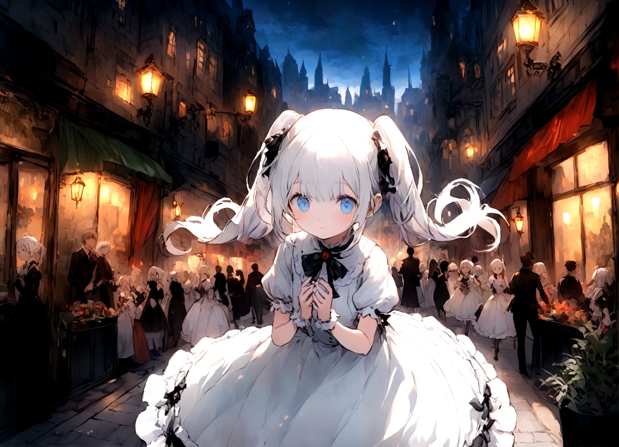 White Hair,Double ponytail curl,Blue Eye Color,White ta,Beth,Bustling city streets,Private Server,depth,Innocence