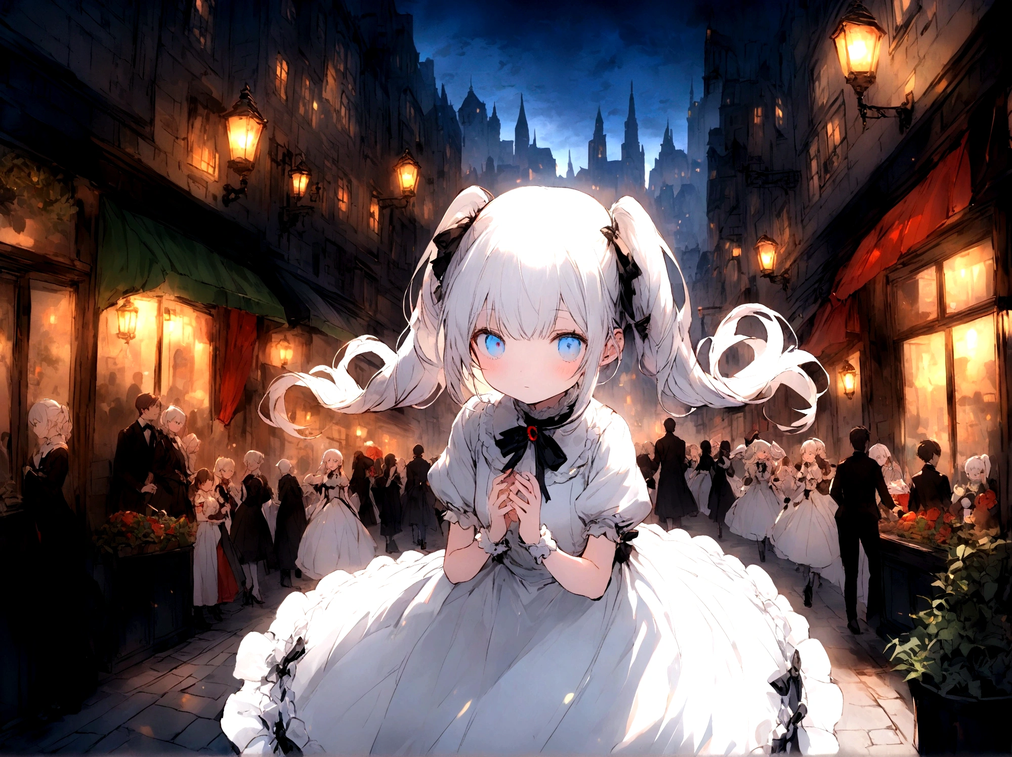 White Hair，Double ponytail curl，Blue Eye Color，White Lolita，Beth，Bustling city streets,Private Server,depth,Innocence