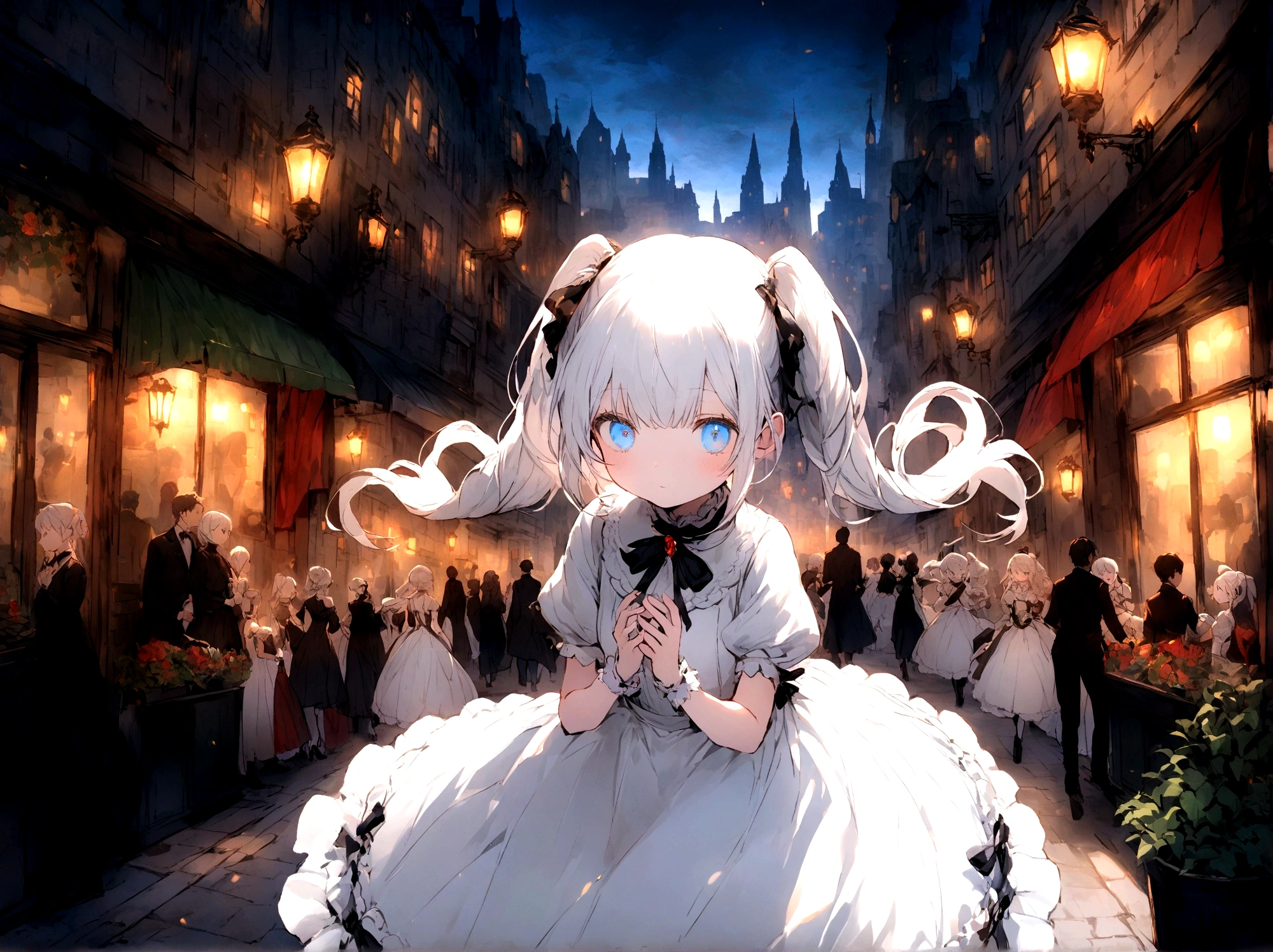 White Hair,Double ponytail curl,Blue Eye Color,White ta,Beth,Bustling city streets,Private Server,depth,Innocence