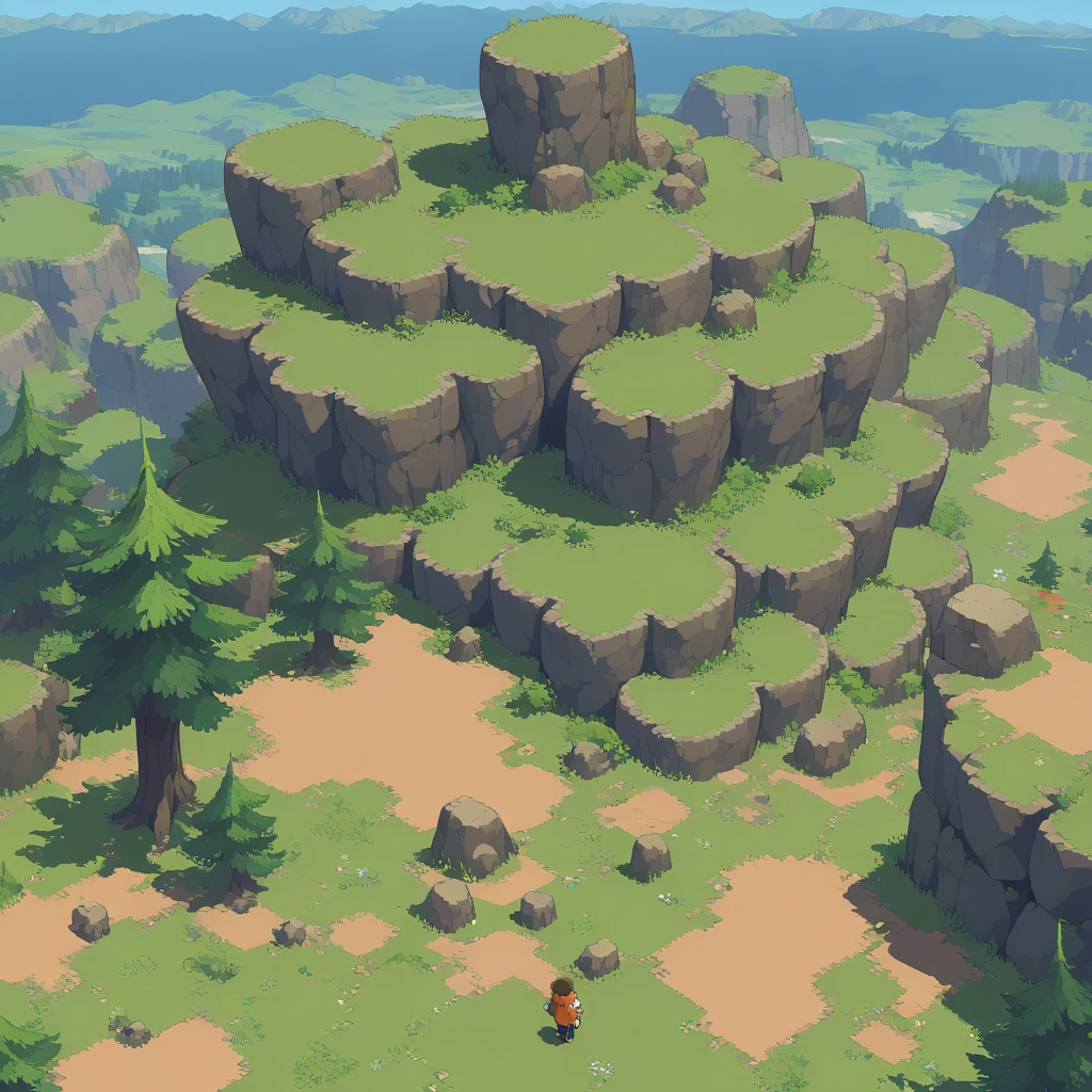 retro video game style,pixelated, vibrant colors,8-bit characters,blocky shapes,sharp lines,detailed shading,classic gaming vibe,nostalgic atmosphere,classic arcade games,masterpiece:1.2,ultra-detailed,illustration style, 2d texture, 3/4th perspective tileable stone texture, 4 k seamless grass texture, video game texture, dirt texture, tileset, game tiles, grass, 3/4th perspective trees, 3/4th perspective tileable rock texture, 3/4th perspective forest, 3/4th perspective tileable cliff formations, trees, topdown view, game texture, tileable game art, texture, very detailed 3/4th perspective tileable cliff texture, top down view, 3/4th perspective