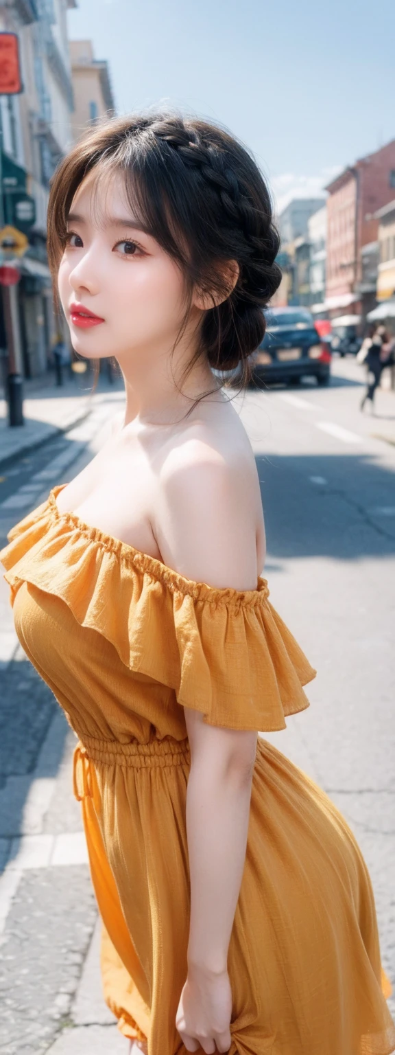 a woman posing on the street corner with orange dress on, best quality, 1 Girl, Large Breasts, sky, bright, Blurred Background, bokeh, outdoor, (street:0.8), (people, crowd:0.8), (Off-shoulder dress:1.2), Gorgeous, (Braided Bangs:1.2), Beautiful and delicate sky, (Dynamic poses:1.2), Soft lighting, wind, Glowing skin, (Upper Body:0.8), (freckle:0.8), Mole under mouth,