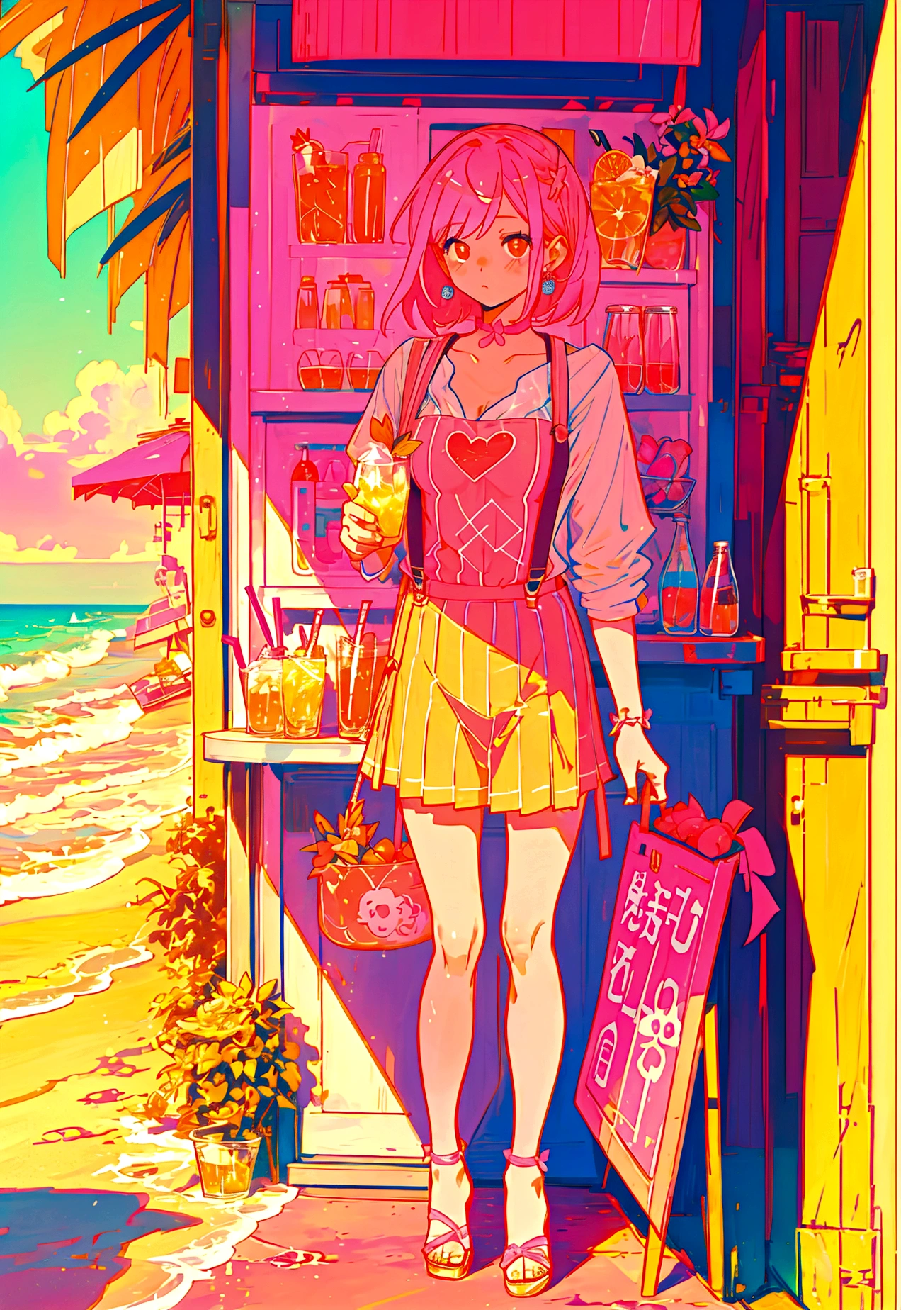 At the beachfront drink shop，Pink Hair Girl，Wearing an orange striped suspender skirt，Drinking summer drinks