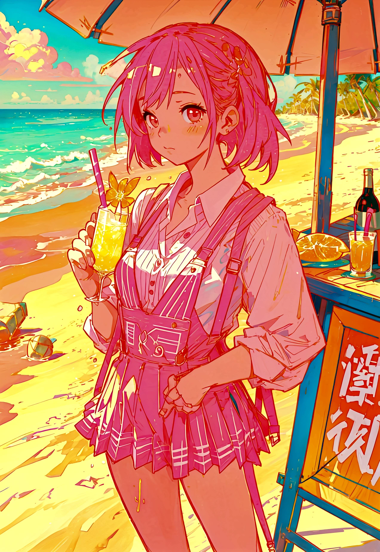 At the beachfront drink shop，Pink Hair Girl，Wearing an orange striped suspender skirt，Drinking summer drinks