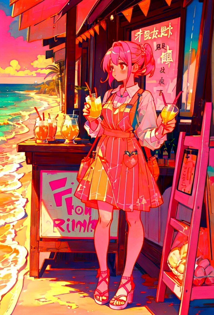 At the beachfront drink shop,Pink Hair Girl,Wearing an orange striped suspender skirt,Drinking summer drinks
