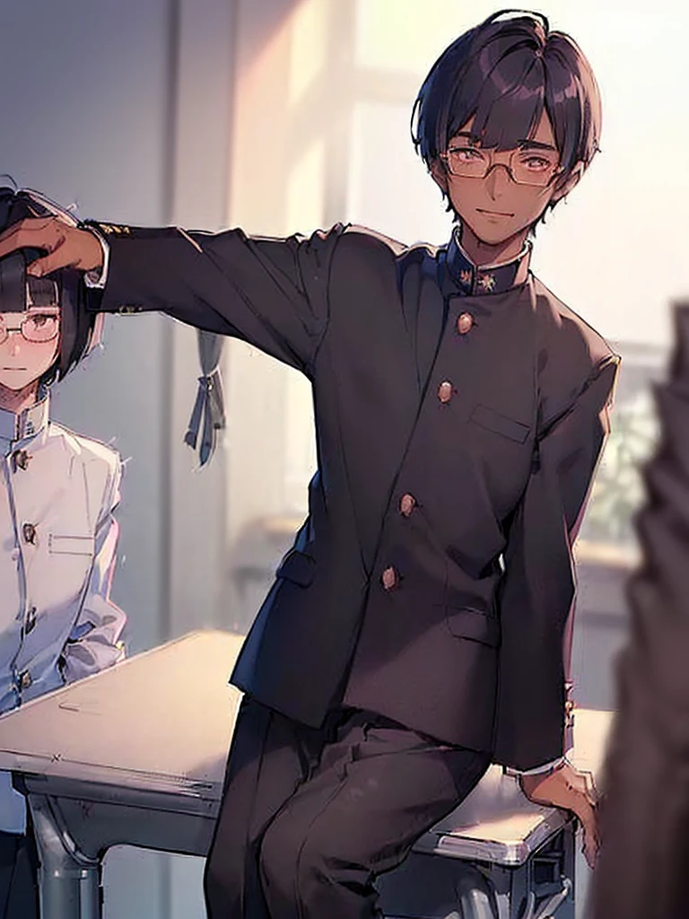 (1 feminine boy solo:1.4),(dark skin:1.5) ,20 years old, (black hair:1.3), (glasses:1.4), , (straight hair:1.5), (evil smile:1.2) ,long sidelocks, (blush:1.3),(gakuran,long pants:1.5),(very short pixie cut:1.4),(blunt bangs:1.4), (greaming skin:1.3),(in class room:1.3),(sit on desk,bend knee:1.4)