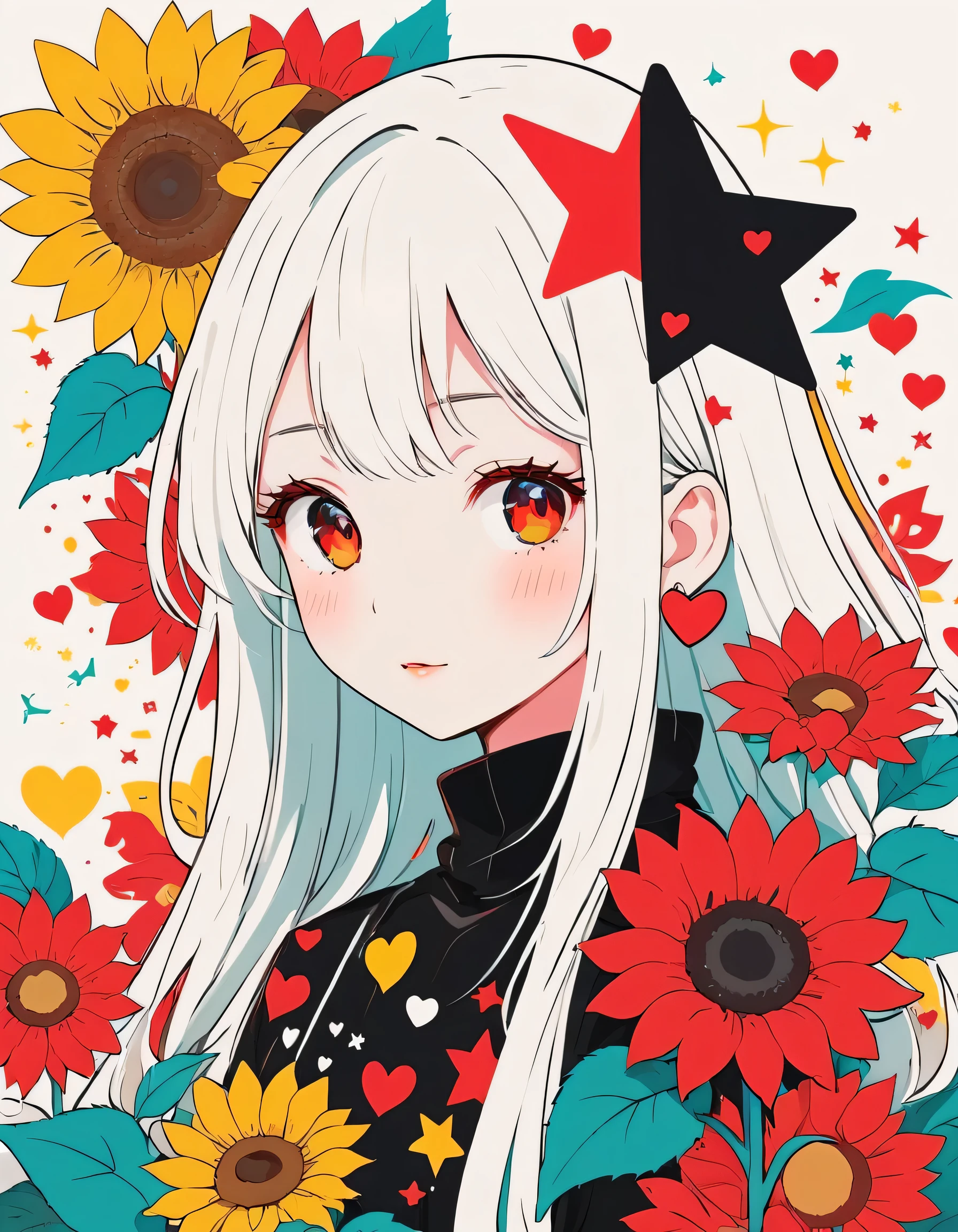 Black Star Red and White style, Simple Line Initialism，Abstract art，Kawaii Design, The most beautiful girl of all time、The background is sunflowers, colorful hearts, colorful flowers, Cute Aliens