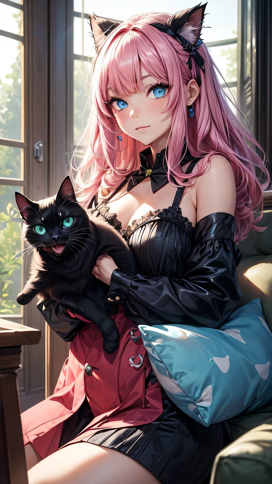 Girl with cat, Black cat, Pink Hair、blue eyes, Avatar