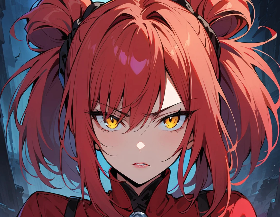 Long red hair, yellow eyes, evil, sexy, black and red clothes, tied hair, cute hairstyle, evil face, evil, serious look, gloss lips, sit, sinister, front look, bloody, gloves, close up, portrait, beautiful eyes, short dress, big white, dark place, night, sensual, straigh hair cut, clear skin, evil, young 30 years girl, adult girl, solo, red, very long hair, 