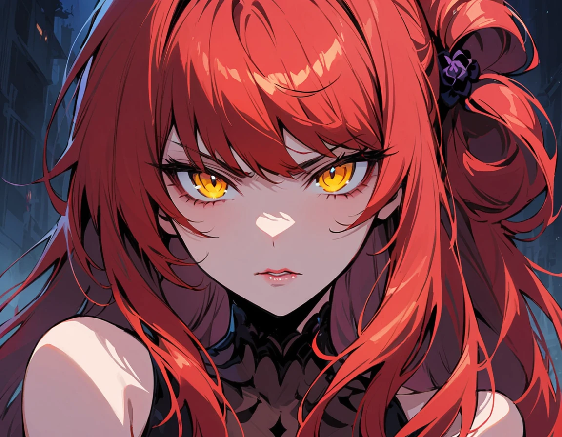 Long red hair, yellow eyes, evil, sexy, black and red clothes, tied hair, cute hairstyle, evil face, evil, serious look, gloss lips, sit, sinister, front look, bloody, gloves, close up, portrait, beautiful eyes, short dress, big white, dark place, night, sensual, straigh hair cut, clear skin, evil, young 30 years girl, adult girl, solo, red, very long hair,