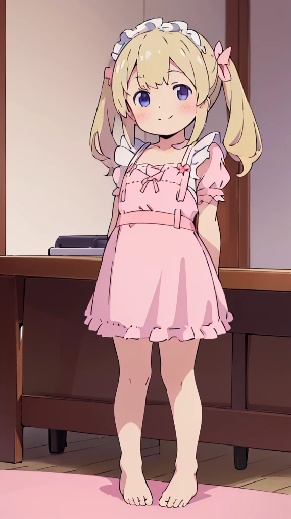 ((masterpiece))((Highest quality))girl、smile、blush、Flat Chest、Are thin、、low length、Blonde、Long twin tails、Embarrassed、Are standing、Pink frilly maid outfit、Whole body image、Even your toes are visible、Eye level on face、front、No background、mayonnaise、真frontのアングル