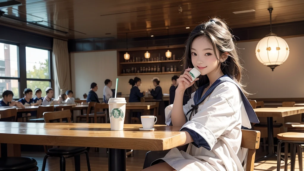 
((((((( in sailor suit)))))))
(((((お洒落でcuteInside the Starbucks store)))))
8K、RAW Photos、Highest quality、Super detailed、Super Resolution、Ultra HD、8K壁紙、Amazing details



(((((((Inside the Starbucks store)))))))、((((((Sit down and eat cake、Drink Starbucks coffee、smile))))))、((Heart Necklace))




Modern and sleek design：Interior design using natural materials、Many of the designs are warm and made using wood and metal.。
Large windows：自然光をたっぷり取り入れるためのLarge windowsがあり、Providing a bright and open space。
Green Interior：Potted plants are effectively placed、It creates a relaxing atmosphere。
artwork：Works by local artists、Starbucks-related art on display。
Cozy seating：Cushioned chairs and sofas、Bar sheet etc.、A variety of seating options available。
Open kitchen area：Being able to see how drinks and food are made、We provide peace of mind and transparency。
Unique lighting：Antique lamps and chandeliers、Modern lighting fixtures are used。
Comfortable background music：Relaxing music is playing、A comfortable space is provided。
Wide々Table space：一人でもグループでも使いやすいWide々There is a table with。
Community Table：There is a large table where you can socialize with other customers.。
Seasonal decorations：The decorations are themed according to the season.。
Design with a local feel：The design incorporates the local culture and characteristics.。
Fragrance production：コーヒーの香りが店内にWideがり、A space that satisfies the five senses has been created.。
Conversation with a barista：フレンドリーなConversation with a baristaが楽しめるカウンターエリアがあります。




8K、RAW Photos、Highest quality、masterpiece:1.2、Super detailed、Super Resolution、Ultra HD、8K壁紙、Amazing details、Photorealistic:1.4、Having fun by the water、Full Body Shot、Full body photo、High-resolution RAW color photos、Professional photos、A scene full of emotion、Very detailed and beautiful、Ultra HD、8K壁紙、Amazing details、Huge file sizes、Highly detailed beautiful girls、Highly detailed face Highly detailed eyes、Extremely realistic skin、 Highly detailed fingers, Highly detailed nose, Highly detailed mouth, Perfect Anatomy, Highly detailed background, Highly detailed clothing, Teen, cute女の子, Famous Japanese Idols, cute, Realistic body, Slender, White skin, Glowing Skin, Slim body, Realistic Face, Delicate eyes, double eyelid, 

