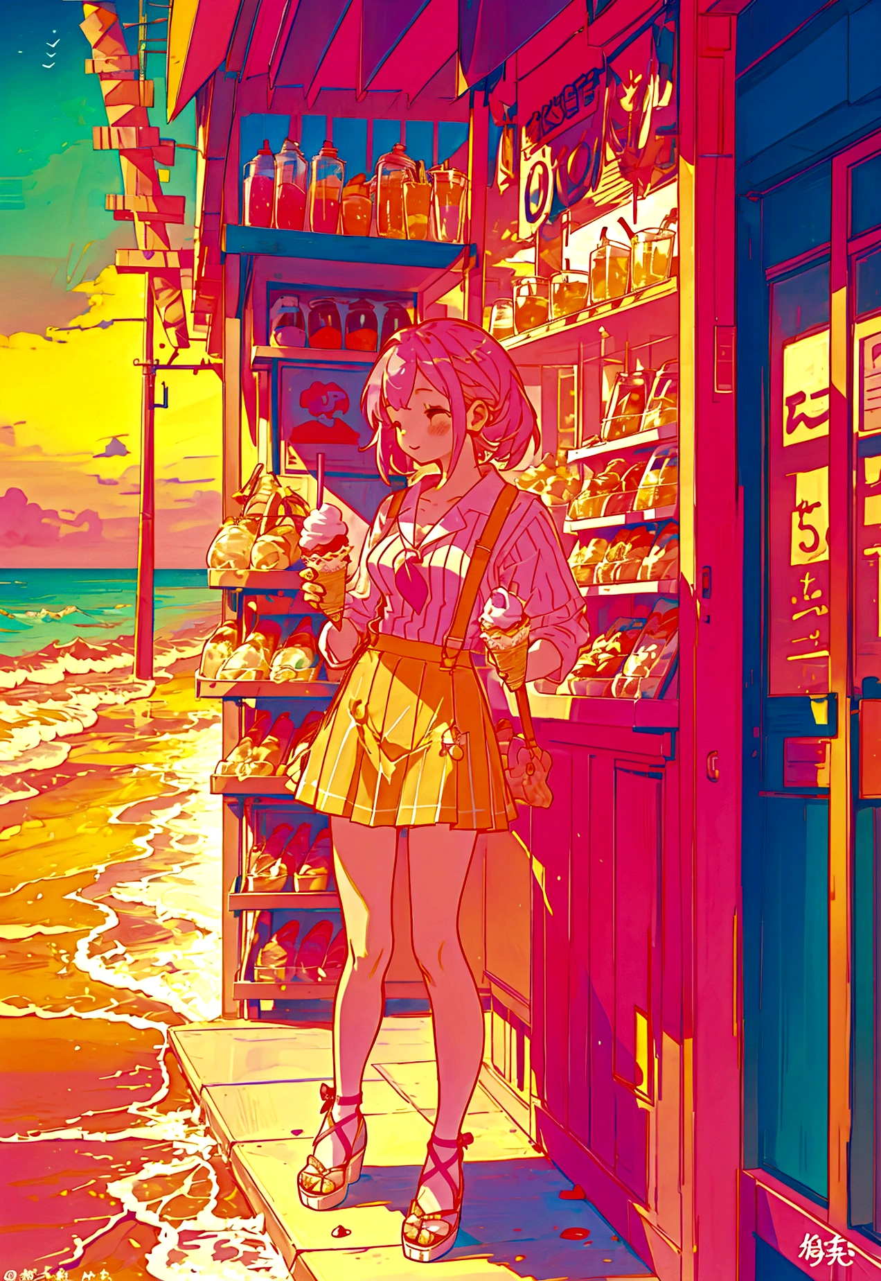 At the beachfront drink shop，Pink Hair Girl，Wearing an orange striped suspender skirt，ice cream