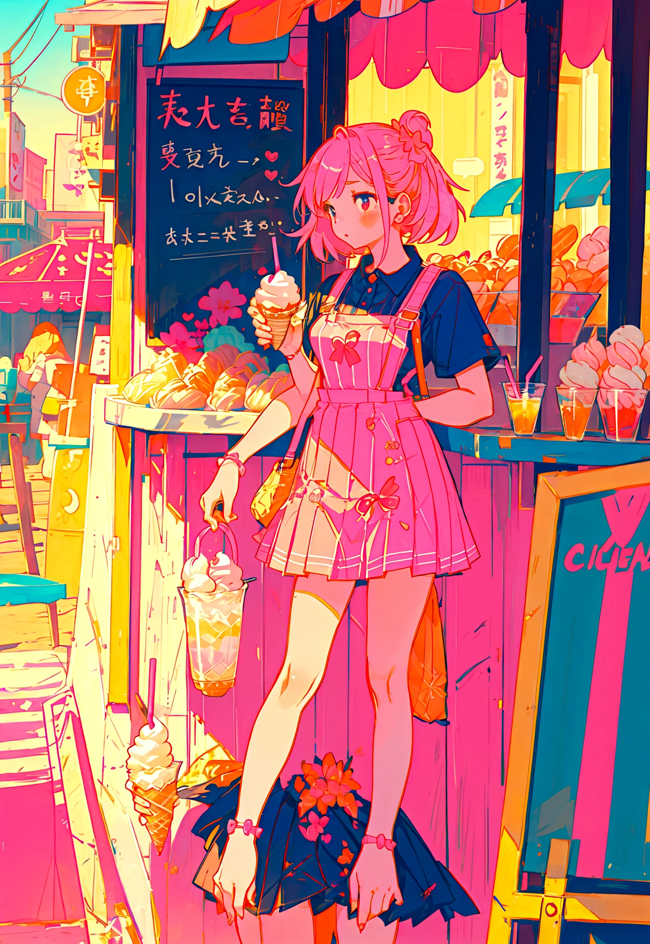 At the beachfront drink shop,Pink Hair Girl,Wearing an orange striped suspender skirt,ice cream