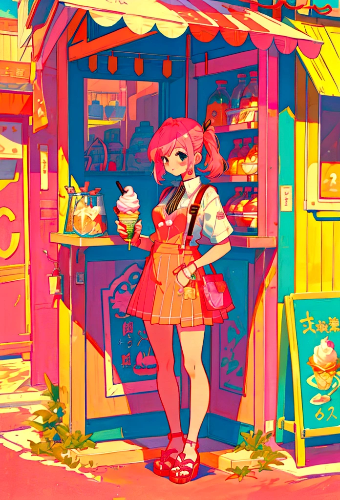 At the beachfront drink shop,Pink Hair Girl,Wearing an orange striped suspender skirt,ice cream