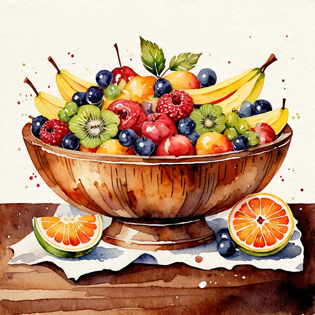 a vintage retro painting of a glossy wooden bowl of delicious fruit salad , ((watercolor)), solid white background, center composition, negative space around the object, washed out color, detailed masterpiece, loose drawing, clipart, vector art, illustration