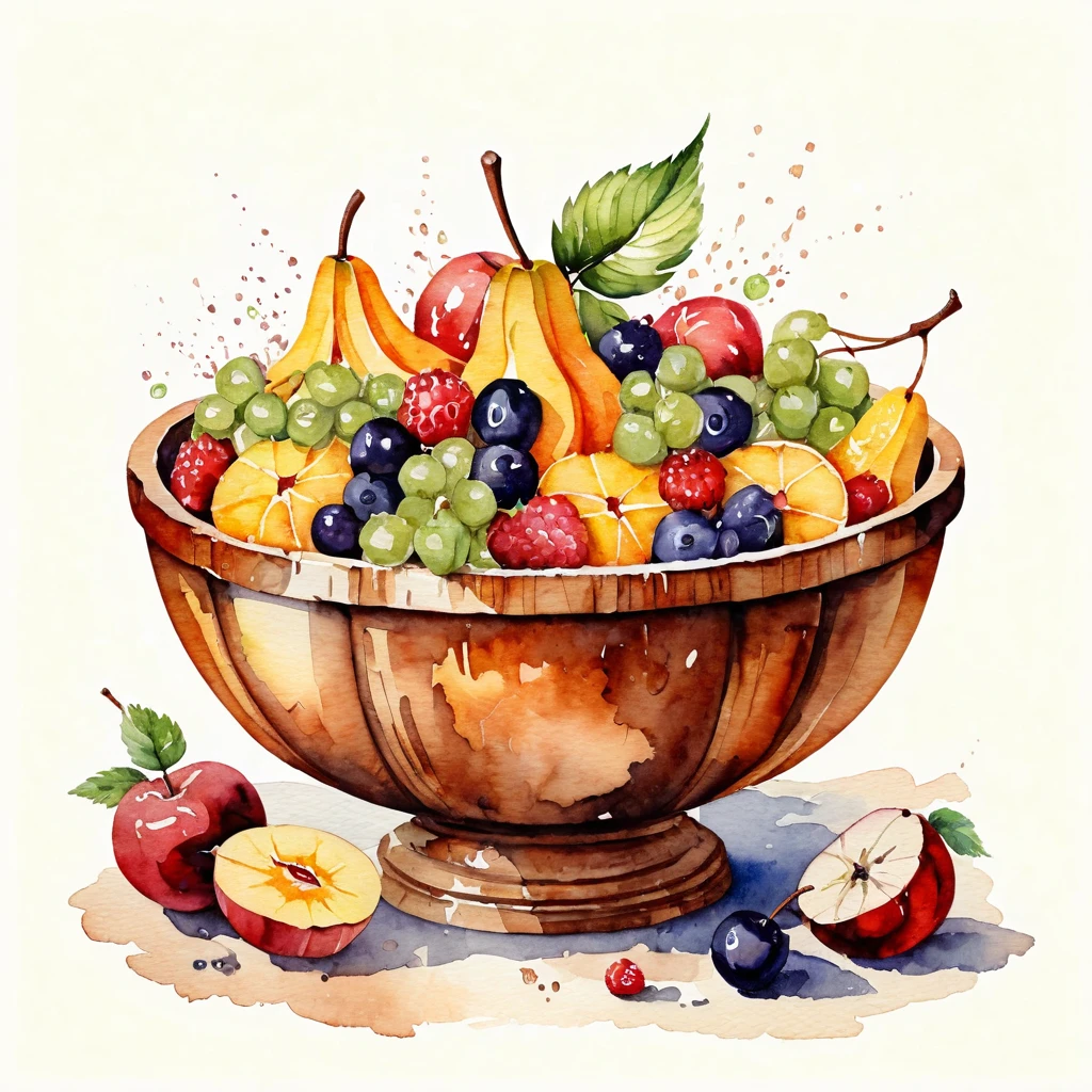 a vintage retro painting of a glossy wooden bowl of delicious fruit salad , ((watercolor)), solid white background, center composition, negative space around the object, washed out color, detailed masterpiece, loose drawing, clipart, vector art, illustration