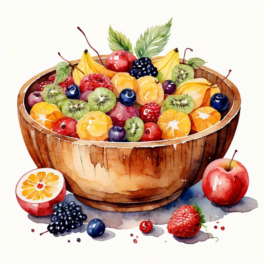 a vintage retro painting of a glossy wooden bowl of delicious fruit salad , ((watercolor)), solid white background, center composition, negative space around the object, washed out color, detailed masterpiece, loose drawing, clipart, vector art, illustration