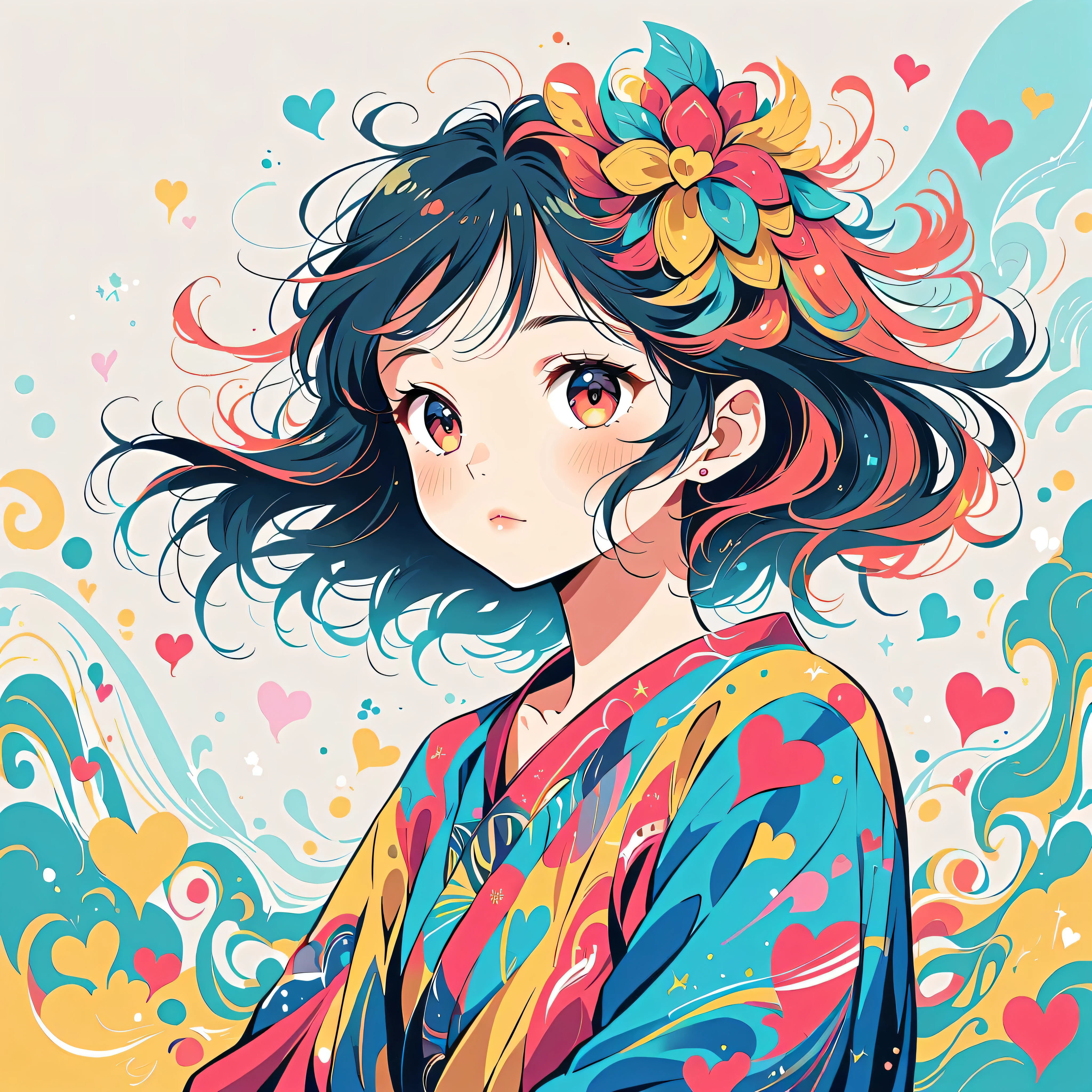 Mai Yoneyama style, Simple Line Initialism，Abstract art，Urban Background, colorful hearts ,(((The most beautiful girl of all time))),