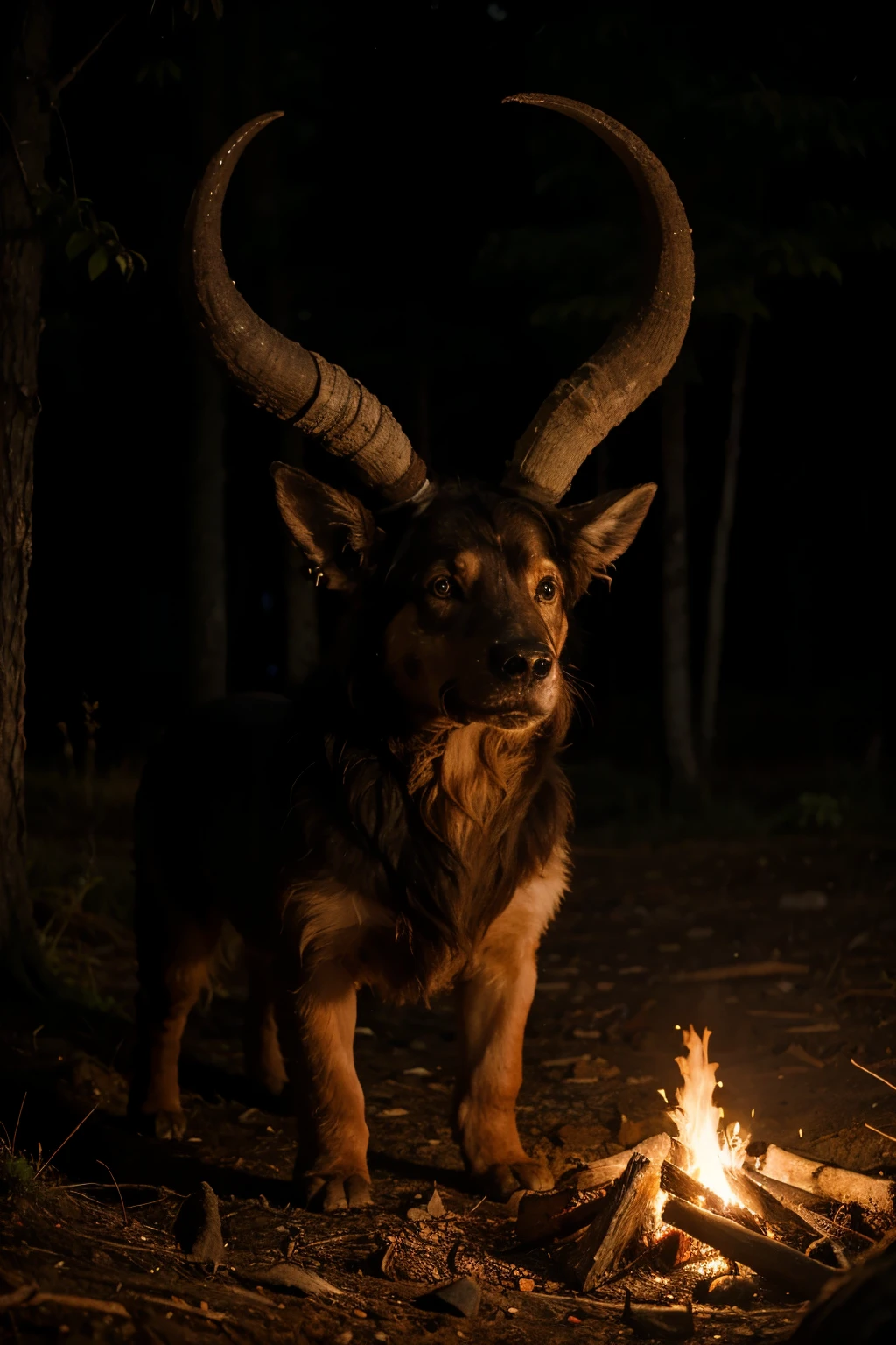 A large, shaggy creature with bright red eyes and horns on its head, in the forest at night near the campfire