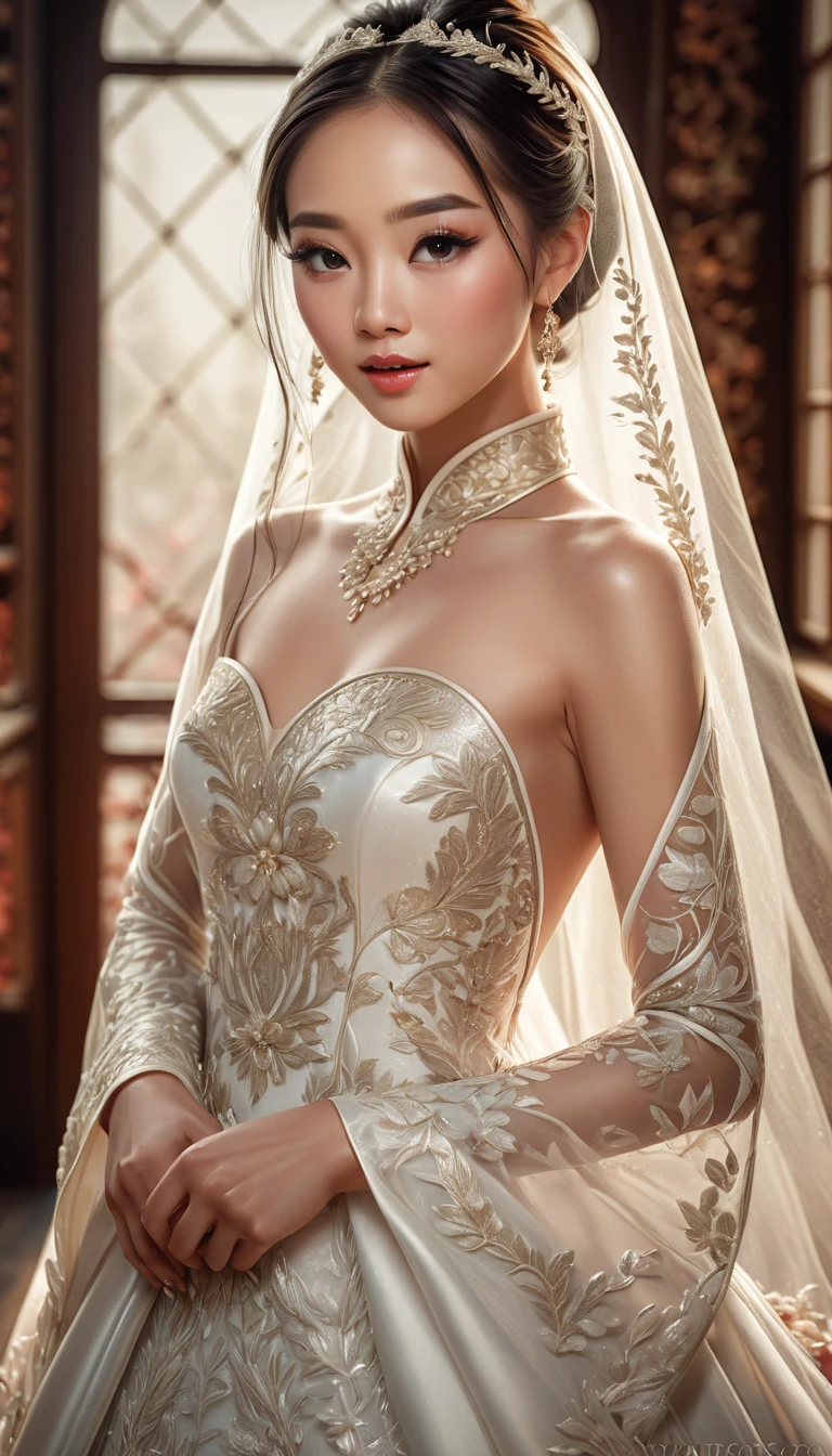 A tall Asian bride, full image of bride, posing front on, wearing a full white bridal gown, beautiful detailed eyes, beautiful detailed lips, extremely detailed face, long eyelashes, elegant pose, intricate embroidery on the dress, shimmering fabric, natural lighting, high quality digital illustration, cinematic lighting, warm color palette, detailed background, fantasy art style, photorealistic, masterpiece,