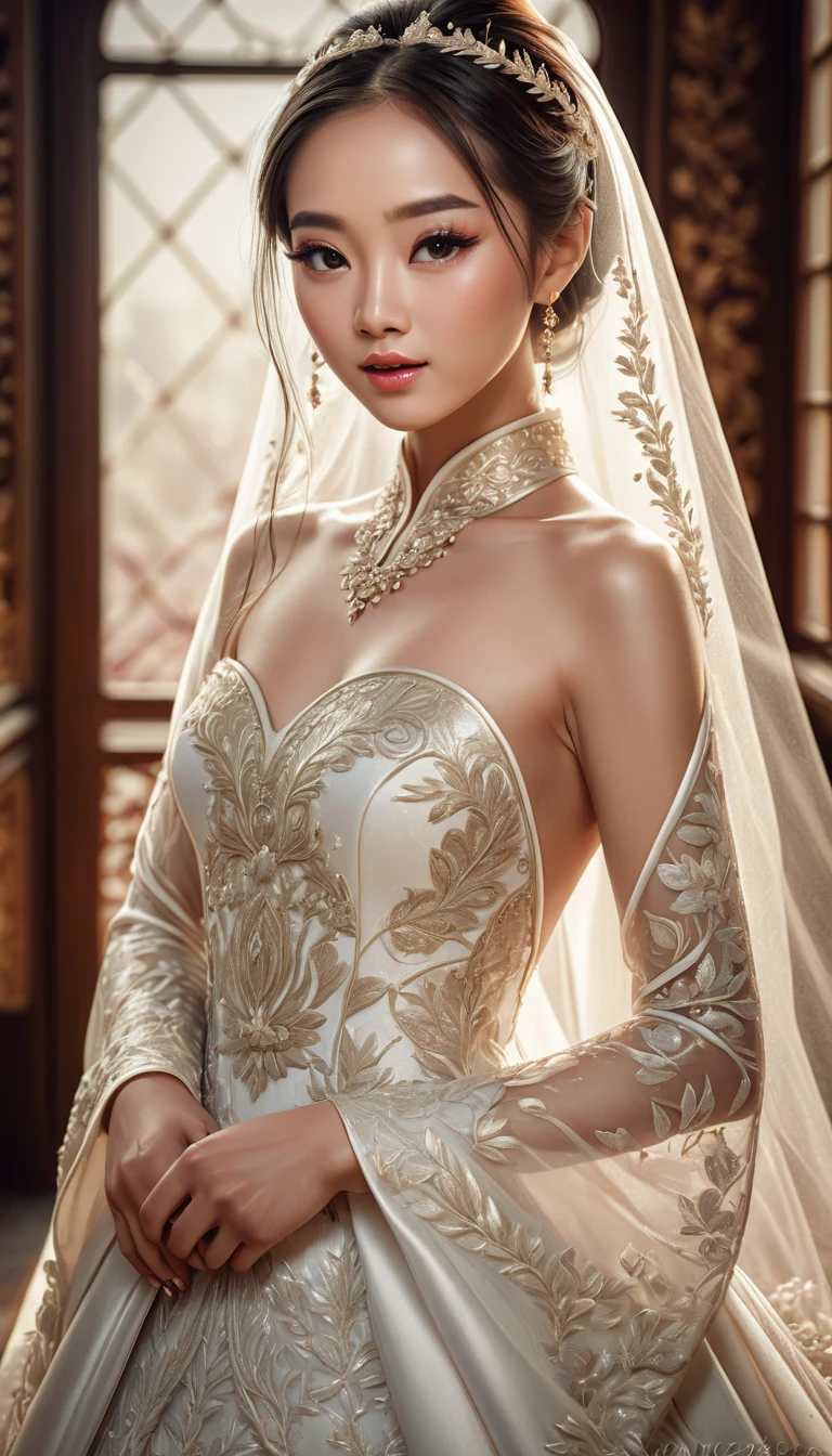 A tall Asian bride, full image of bride, posing front on, wearing a full white bridal gown, beautiful detailed eyes, beautiful detailed lips, extremely detailed face, long eyelashes, elegant pose, intricate embroidery on the dress, shimmering fabric, natural lighting, high quality digital illustration, cinematic lighting, warm color palette, detailed background, fantasy art style, photorealistic, masterpiece, 