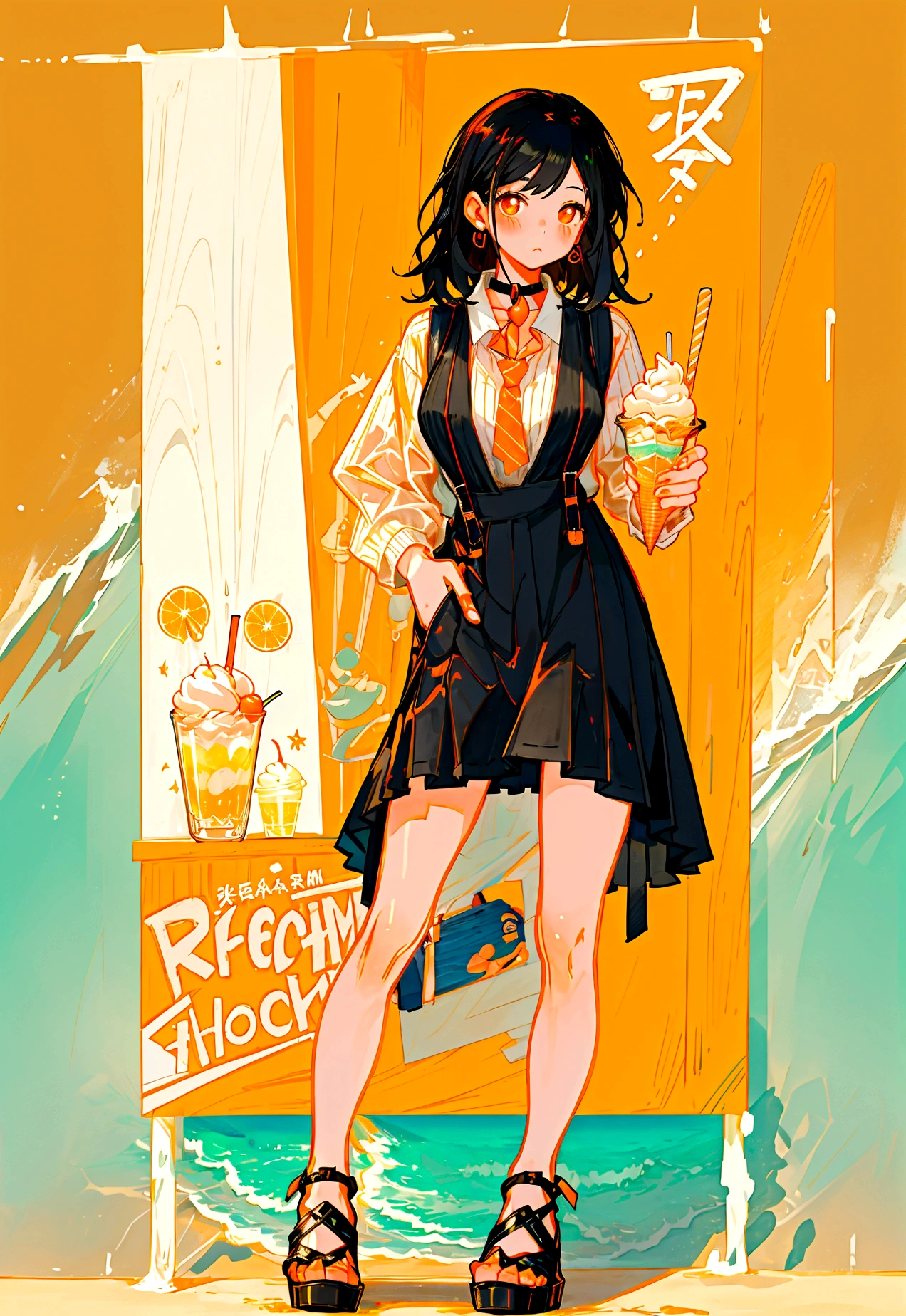 At the beachfront drink shop，Black hair girl，Wearing an orange striped suspender skirt，ice cream