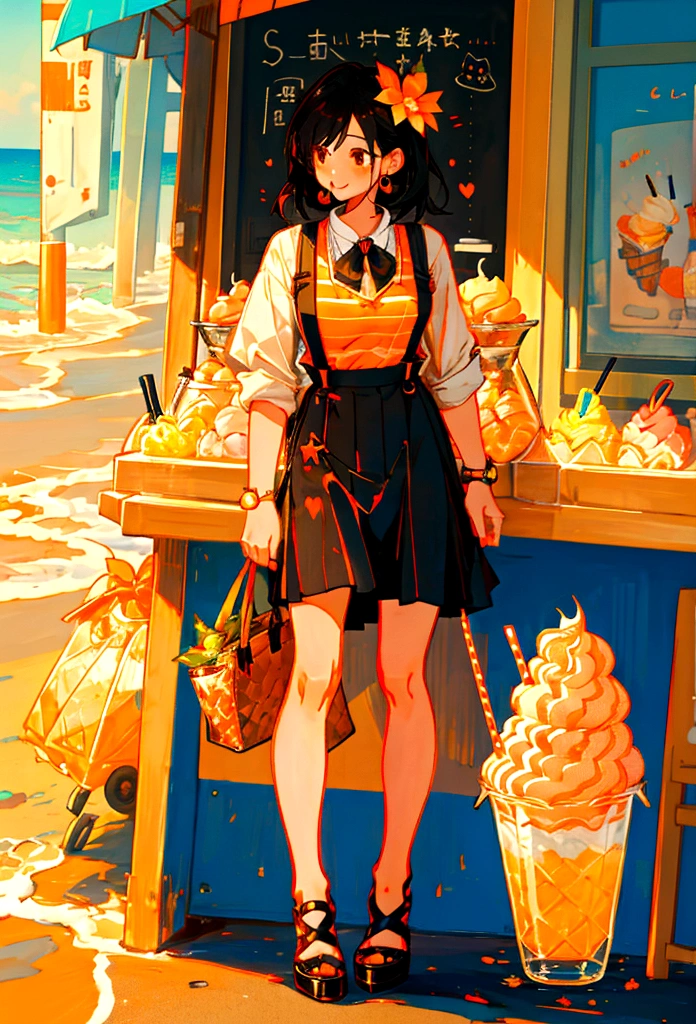 At the beachfront drink shop,Black hair girl,Wearing an orange striped suspender skirt,ice cream