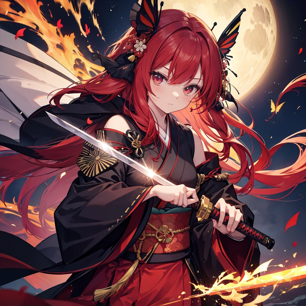 ((((Grasp the sword　1 person))))　(((Redhead　Long Hair　Black kimono　red band　Goddess of victory)))　((Red butterfly　night　Japanese style　shoulder　old))　(moon　star　autumn)　Shining Edge　Shining Background