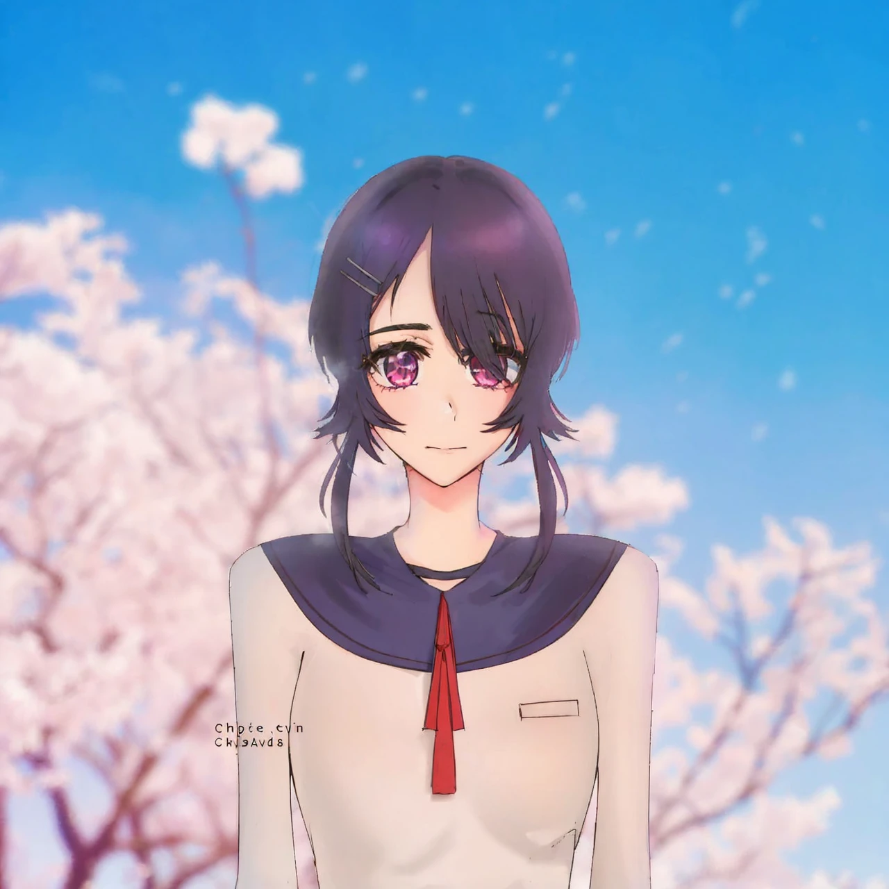 Violet hair. Pink eyes. Girl. BACKGROUND: CHERRY BLOSSOMS
TURN THIS PHOTO INTO ANIME