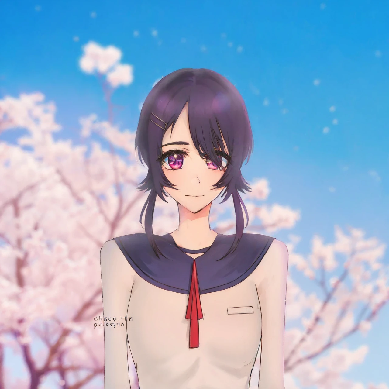 Violet hair. Pink eyes. Girl. BACKGROUND: CHERRY BLOSSOMS
TURN THIS PHOTO INTO ANIME
