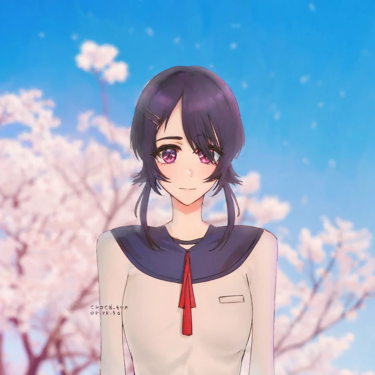 Violet hair. Pink eyes. Girl. BACKGROUND: CHERRY BLOSSOMS
TURN THIS PHOTO INTO ANIME