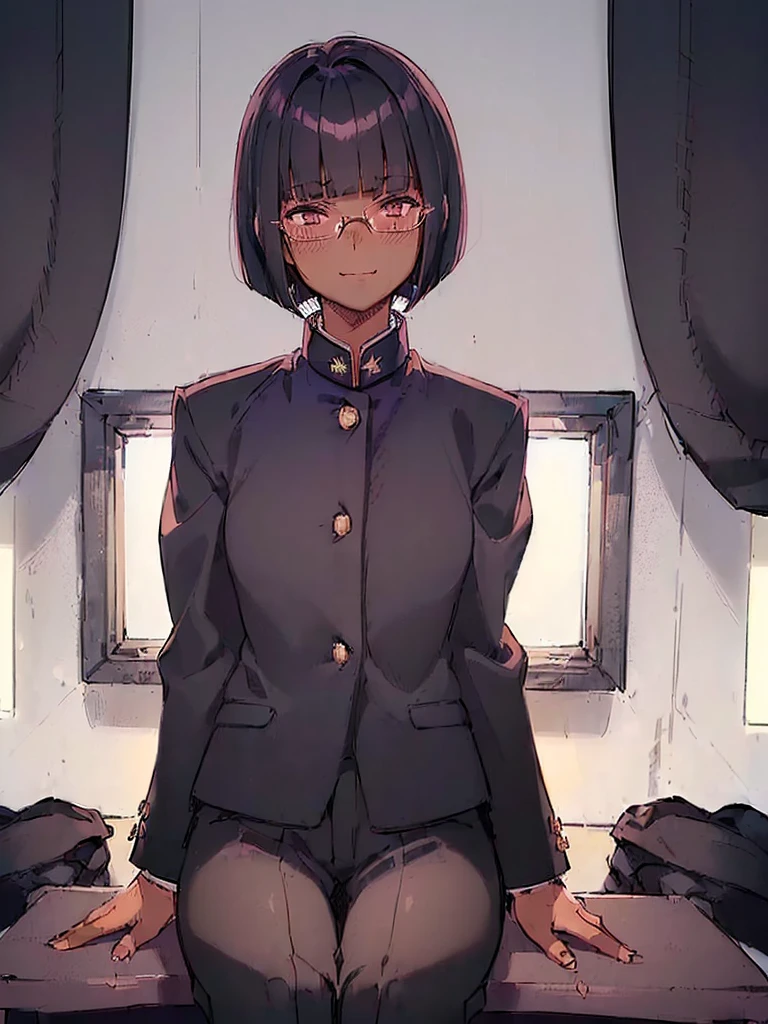 (1 girl solo:1.4),(dark skin:1.5) ,20 years old, (black hair:1.3), (glasses:1.4), , (straight hair:1.5), (evil smile:1.2) ,long sidelocks, (blush:1.3),(gakuran,long pants:1.5),(very short pixie cut:1.4),(blunt bangs:1.4), (greaming skin:1.3),(in class room:1.3),(sit on desk,bend knee:1.4)